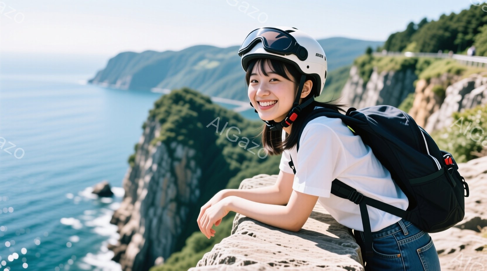 女性は白いTシャツ、ジーンズ、黒いバックパックを着て、ヘルメットを被っています。彼女は崖の上に寄りかかり、海を背景に笑顔でカメラを見つめています。背景には青い海、緑の崖、そして晴れた空が広がっており、 - AI生成フリー素材