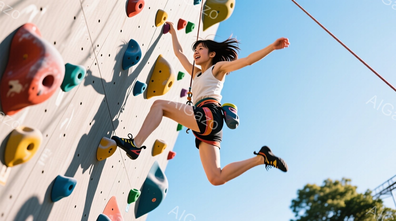 少女はクライミングウォールでダイナミックな動きを見せており、両手を伸ばして次のホールドにリーチしている。彼女は白いタンクトップ、オレンジと黒のショートパンツ、黒のスニーカーを身に着け、長い髪は後ろで自由に流れている。背景には晴れた青空と緑豊かな木々が見え、活気とエネルギッシュな雰囲気が漂っている。