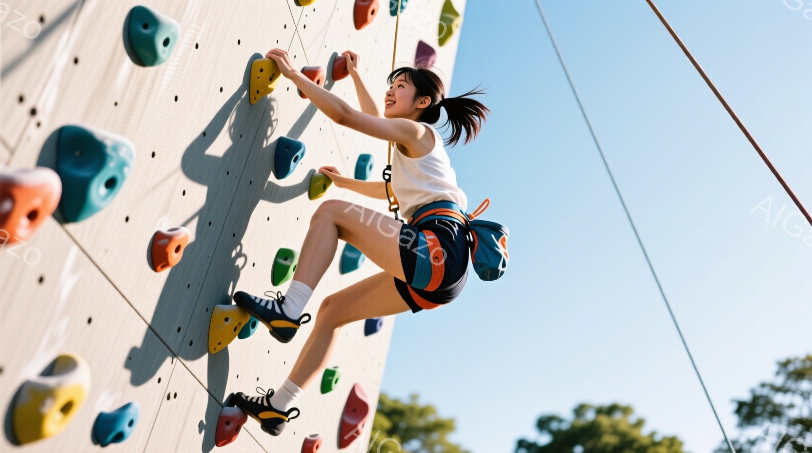 シルエットになった少女が、ロープを伝って険しい岩肌を登っている姿が描かれている。彼女は、白いブラウスと黒いスカートの制服を着ており、髪は後ろで一つに結ばれている。背景には、燃えるような夕焼け空が広がり、力強い雰囲気を作り出している。