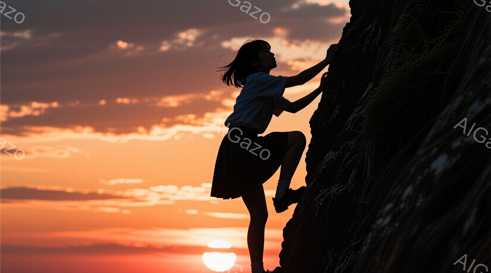 シルエットで描かれた少女が、険しい岩肌をよじ登っている様子が印象的だ。彼女は短めの髪を持ち、白いトップスと短いスカート、そしてハイキングシューズを着用しており、力強く岩にしがみついている。背景は燃えるような夕焼け空で、太陽が沈みかけており、全体的に力強さと希望を感じさせる雰囲気である。