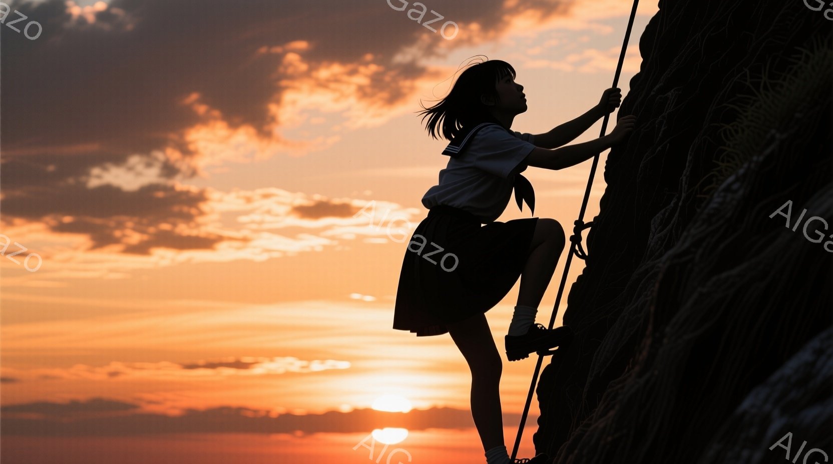 シルエットになった少女が、険しい岩肌をロープを使って登っている様子が描かれています。彼女は短いスカートとブラウス姿で、髪をポニーテールにしています。背景には燃えるような夕焼け空が広がり、力強い挑戦と希 - AI生成フリー素材
