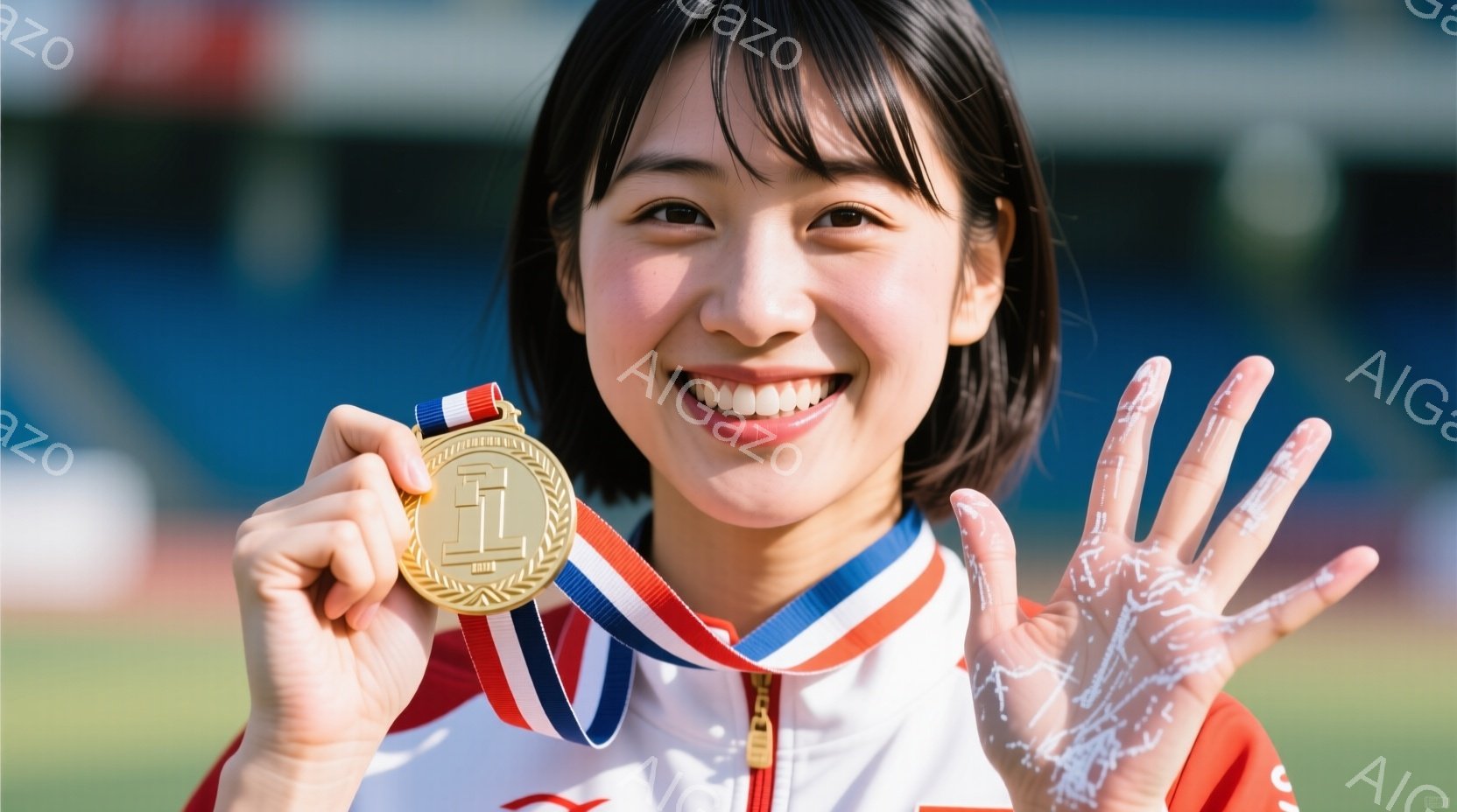 この女性は金メダルを首から下げ、満面の笑みを浮かべている。体操競技選手のような赤いユニフォームを着ており、髪は後ろで一つに結ばれている。背景は青い観客席で、競技場内の晴天の下、喜びと達成感に満ちた雰囲 - AI生成フリー素材