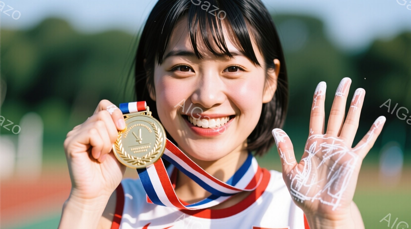 若い女性が金メダルを首にかけて微笑んでいます。彼女は赤と白のストライプのシャツを着ており、黒髪を肩まで伸ばし、顔には喜びの表情が浮かんでいます。背景には緑豊かな木々が見え、晴天で明るい雰囲気が漂っています。