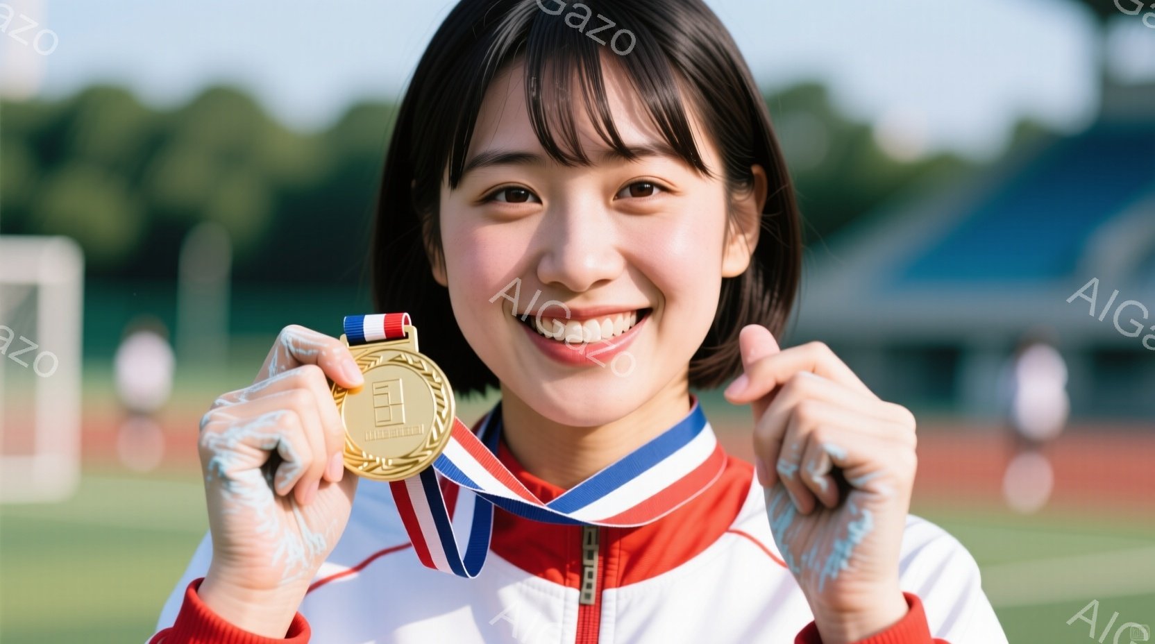若い女性が金メダルを掲げ、満面の笑みを浮かべている。彼女は赤と白のスポーツウェアを着ており、前髪を下ろしたショートヘアである。背景には、緑のフィールドとランニングトラックがあり、晴れた日の屋外で撮影さ - AI生成フリー素材