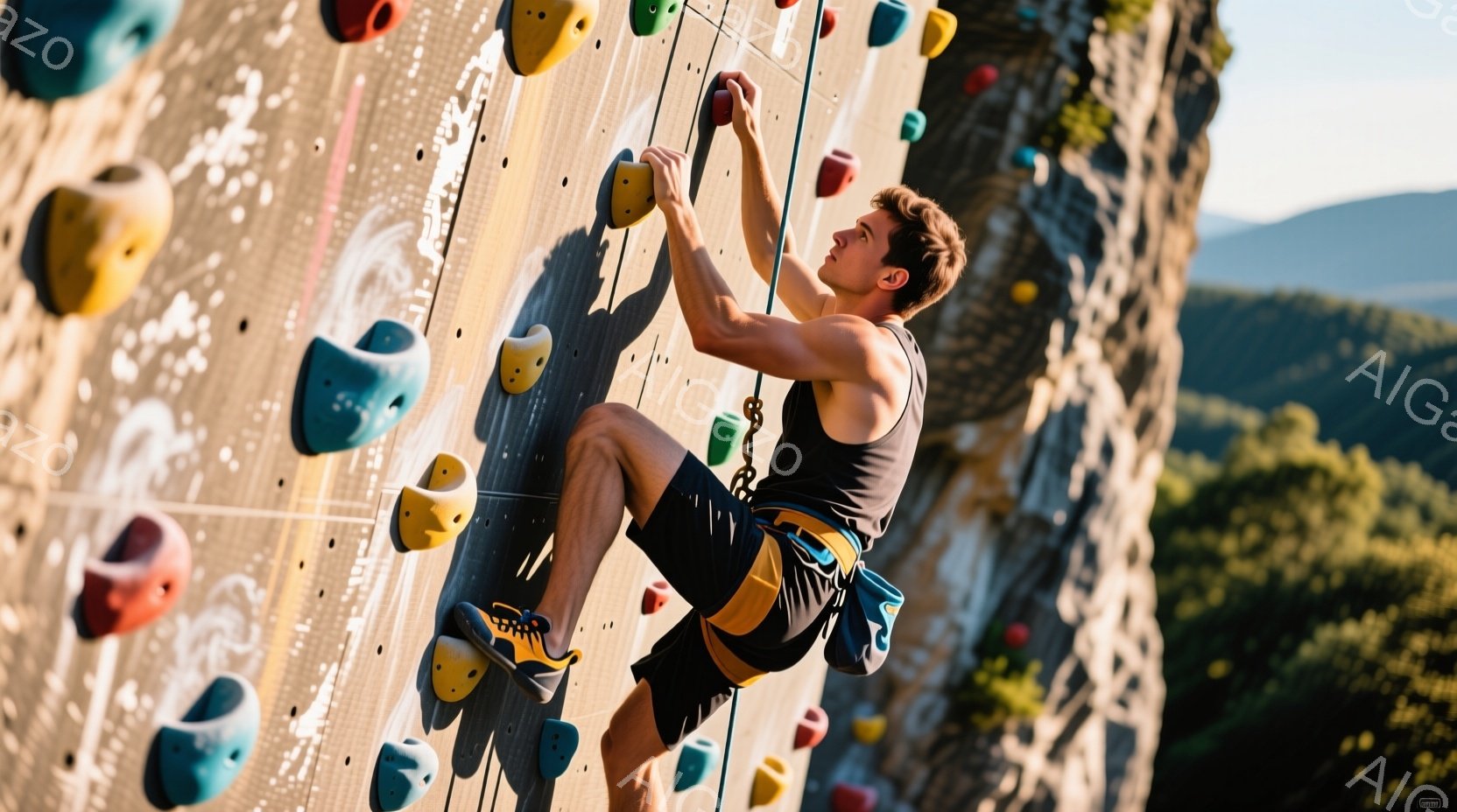 筋骨隆々の男性がクライミングウォールを登っている様子が写っている。彼は黒のタンクトップと黄色と青のショートパンツを着用し、集中した表情で岩壁につかまっている。背景には緑豊かな山々が広がり、晴天の下、活気に満ちたアウトドアスポーツの雰囲気が漂っている。