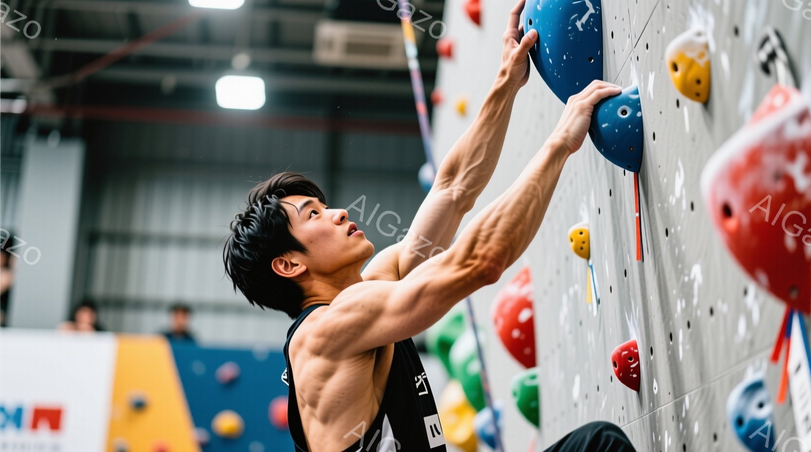 鍛え上げられた肉体を持つ男性がクライミングウォールを登っている写真です。彼は黒のタンクトップとショーツを着用し、短い髪をしています。集中した表情で、力強くホールドにつかまり、身体全体でバランスを取って - AI生成フリー素材