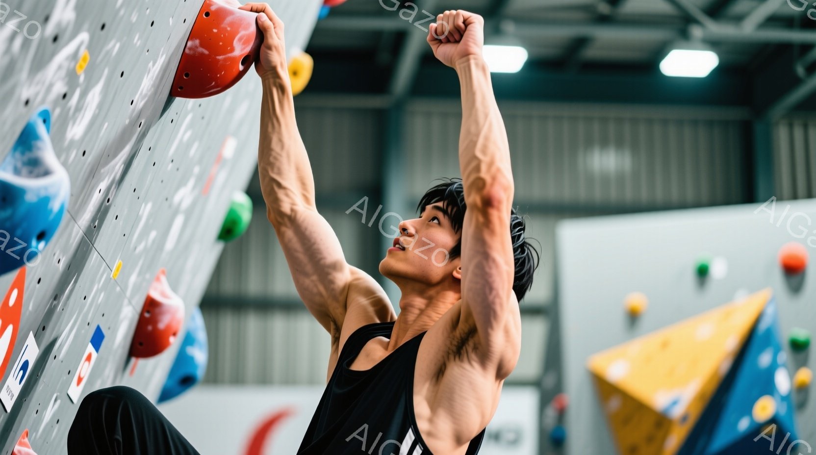 筋骨隆々の男性がクライミングウォールを登っている様子が写っている。彼は黒のタンクトップと短パンを着用し、濡れた短髪で、集中した表情でホールドに掴まっている。クライミングウォールは様々な色のホールドが取 - AI生成フリー素材