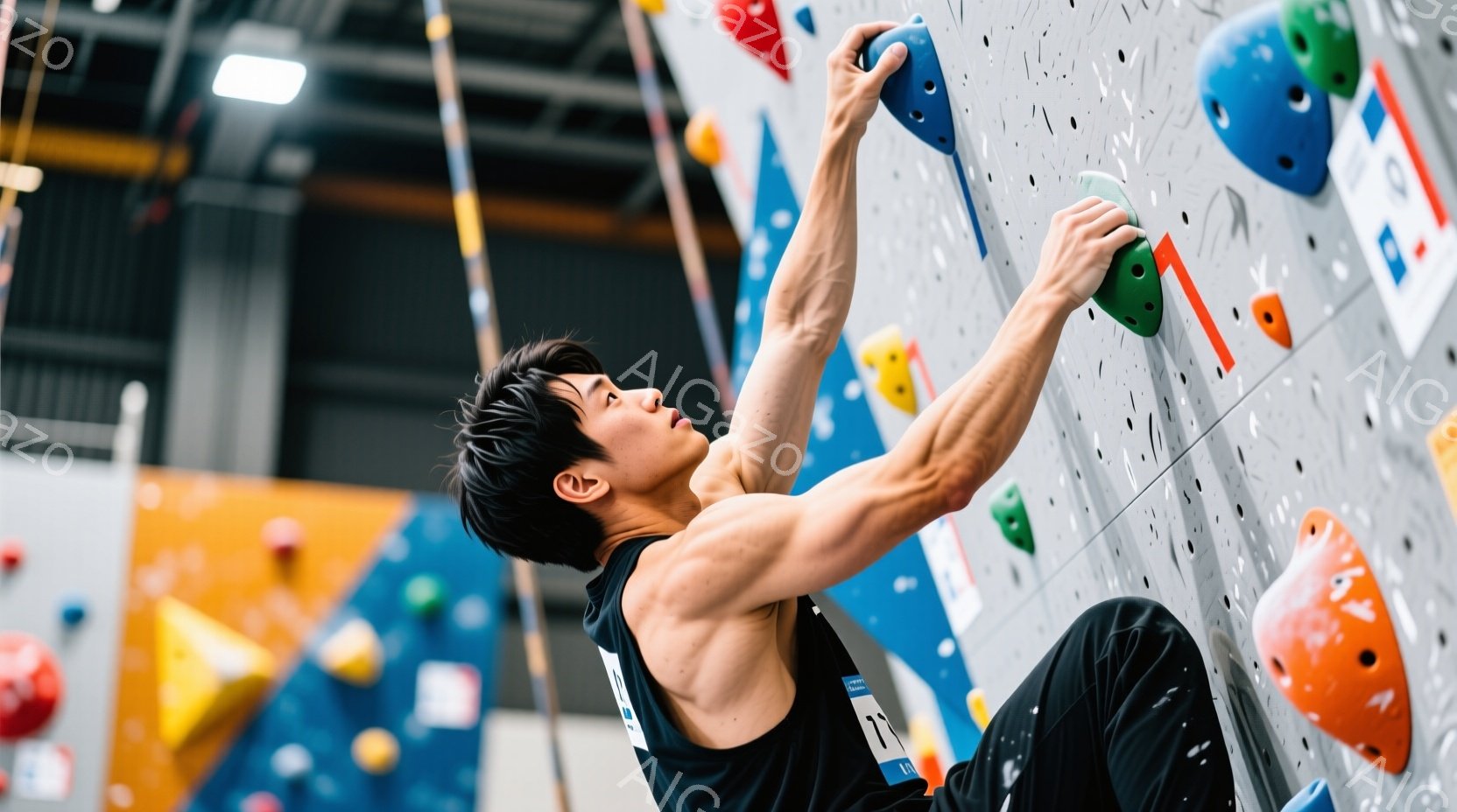 黒いタンクトップと黒いズボンを着用した男性がクライミングウォールを登っています。彼は片手を緑色のホールドに、もう片手をオレンジ色のホールドにつけ、体を壁に近づけて集中した表情をしています。背景はさまざまな色のクライミングホールドが取り付けられた壁で、クライミングジムの内部であることがわかります。