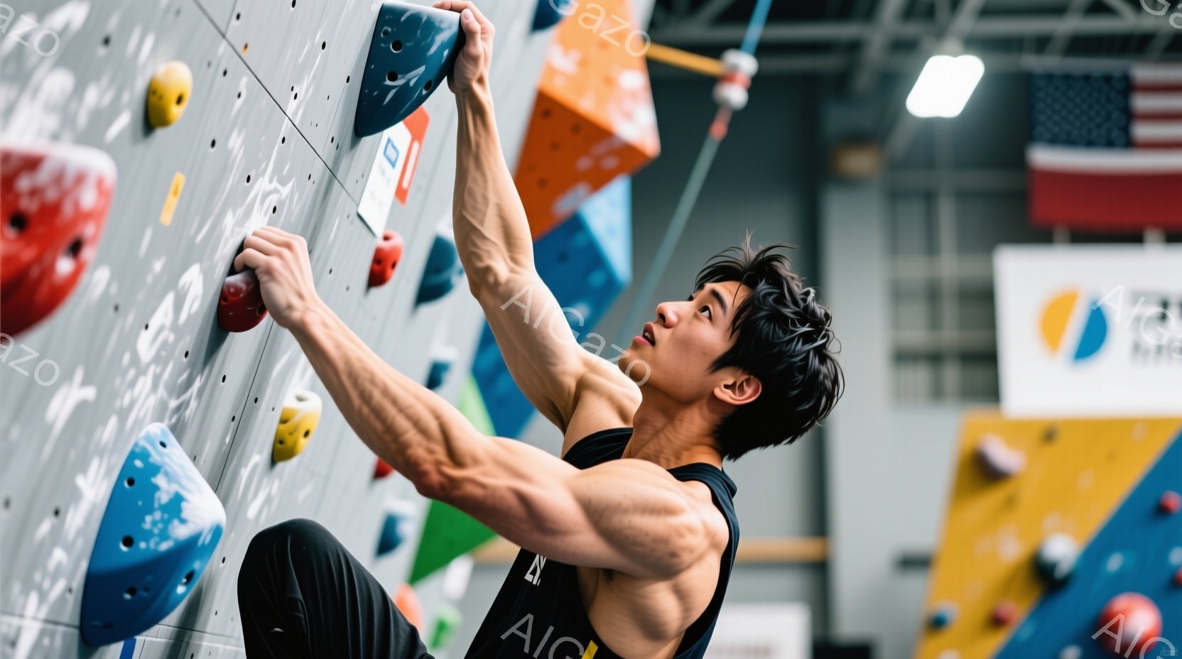 若い男性がクライミングウォールを登っている写真です。彼は黒いタンクトップと黒いズボンを着用し、短く刈り込んだ髪で、集中した表情でホールドにつかまっています。背景にはカラフルなクライミングホールドが並び - AI生成フリー素材