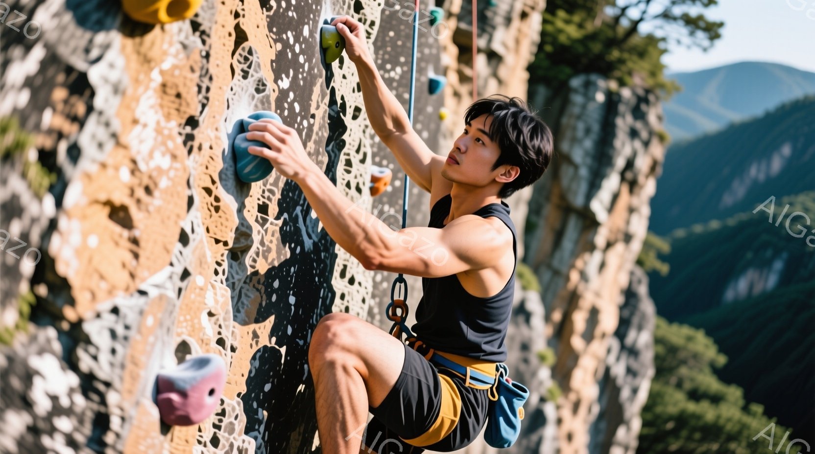 黒いタンクトップとショーツを着用した男性が、岩壁を登っている。彼は集中した表情で、体を岩に密着させながら次のホールドを目指している。背景には緑豊かな森林と、ぼんやりとした山々が見え、晴れた日のアウトド - AI生成フリー素材