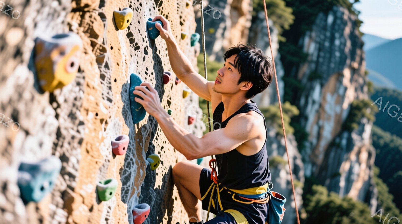 筋骨隆々とした男性が、カラフルなホールドが取り付けられた岩壁を登っている。彼は黒のタンクトップと短いパンツ姿で、黄色のクライミングハーネスを締めており、集中した表情で次のホールドを目指している。背景に - AI生成フリー素材