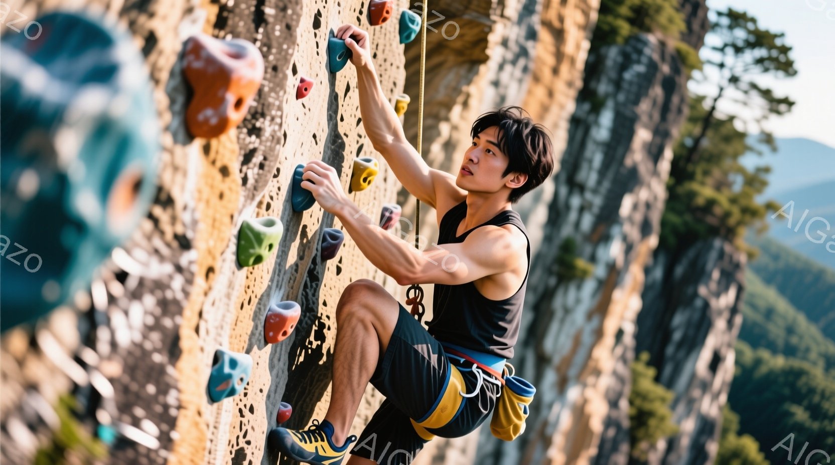 筋骨隆々の男性が、岩壁をよじ登っている様子が写っている。彼は黒いタンクトップと短い黒いズボンを身に着け、クライミングシューズを履いている。背景には緑豊かな森林が広がり、晴天の下、活気あふれるアウトドア - AI生成フリー素材