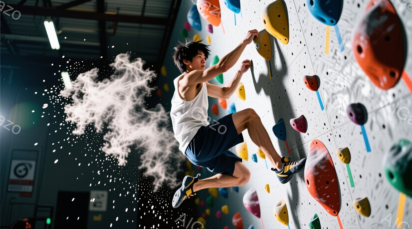 若い男性がクライミングウォールを力強く登っている様子が写っている。彼は白いTシャツと紺色の短パンを着用し、運動靴を履いている。背景にはカラフルなクライミングホールドが並び、白い粉のようなエフェクトが彼の動きを強調している。