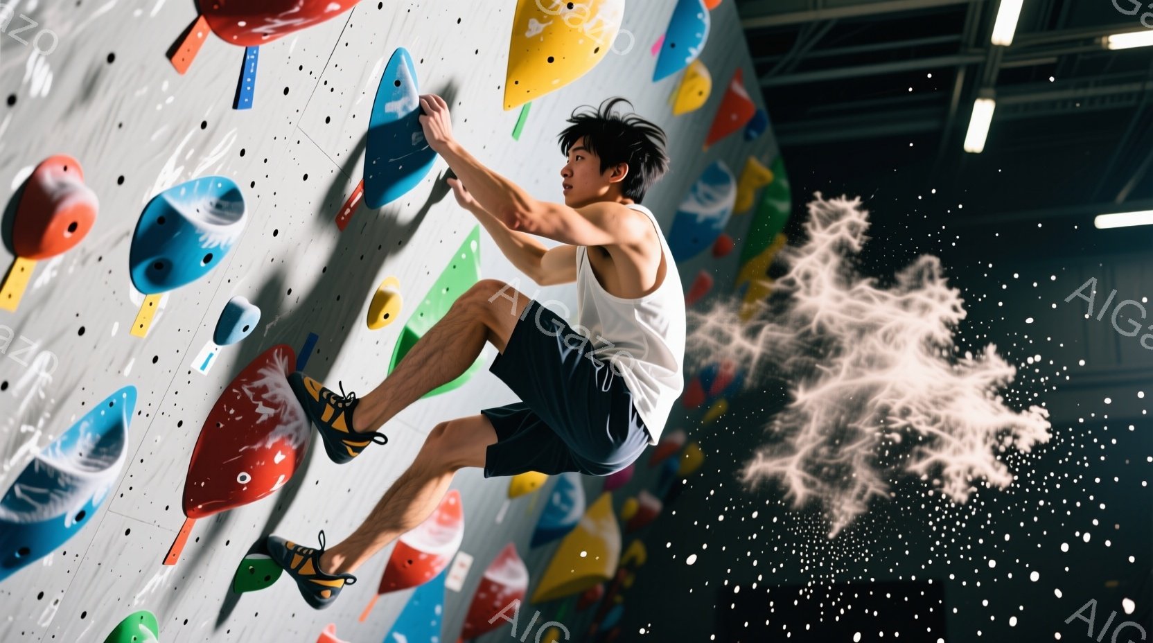 筋骨隆々の男性がクライミングウォールを登っている様子が写っています。彼は白いタンクトップと黒いショーツを着用し、片足を持ち上げて、壁のホールドに手を伸ばしています。背景はカラフルなクライミングウォール - AI生成フリー素材