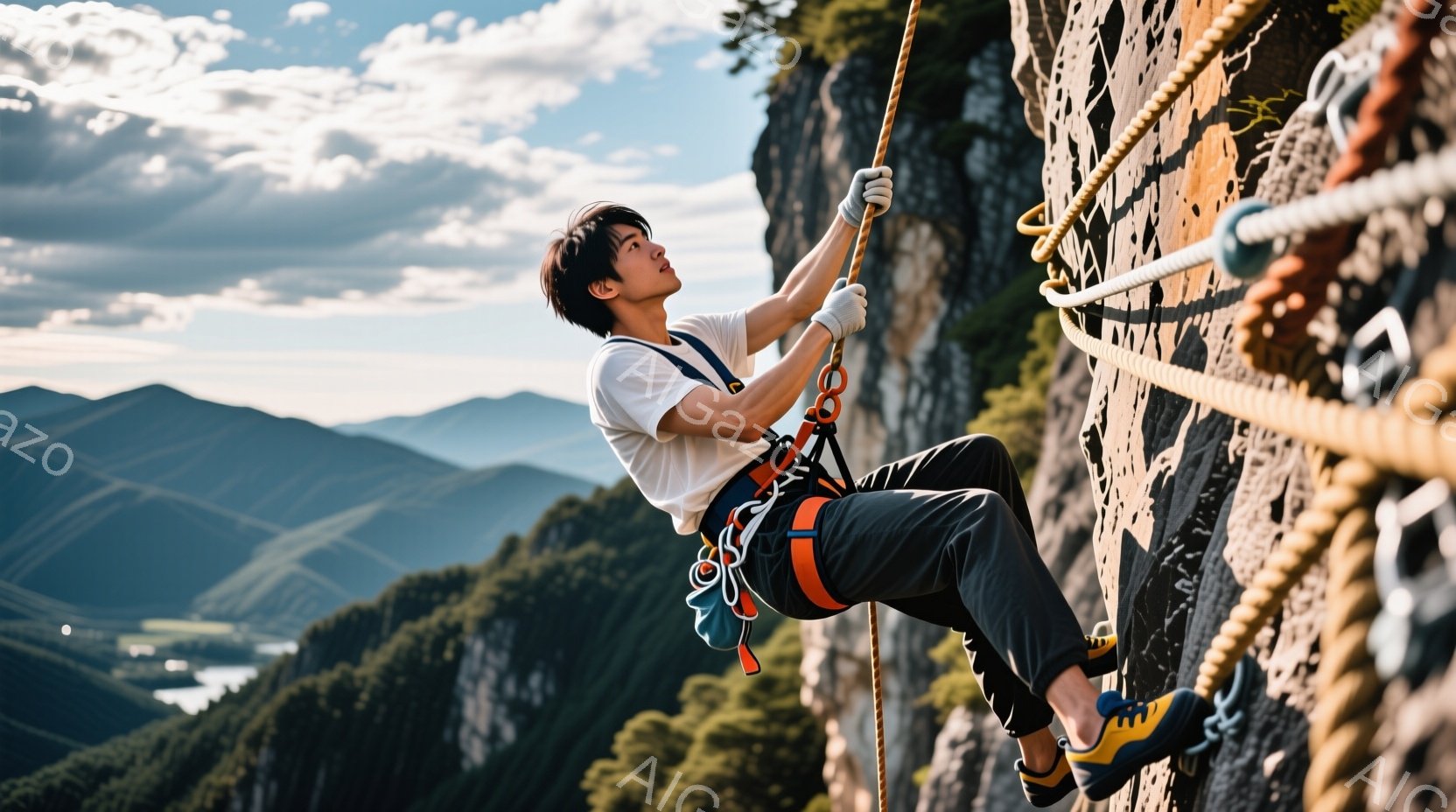 若い男性が岩壁を登っている様子が写っています。彼は白の長袖シャツ、濃いグレーのズボン、そして明るい青色のクライミングシューズを着用し、ハーネスを締めています。背景には緑豊かな山々が広がり、晴天の下、ア - AI生成フリー素材