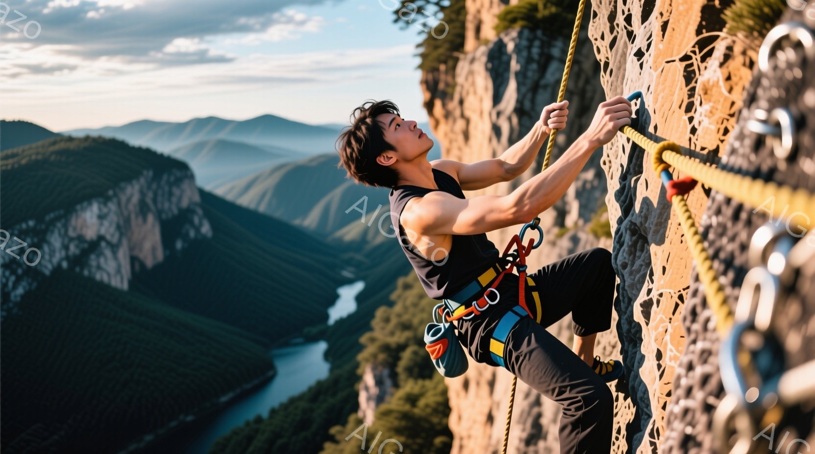 岩壁を登る男性が写っている。彼は黒のタンクトップとズボンを着用し、クライミングハーネスを締めている。背景には緑豊かな山々が広がり、遠くには湖が見える、晴天で、挑戦的で活気に満ちた雰囲気である。 - AI生成フリー素材
