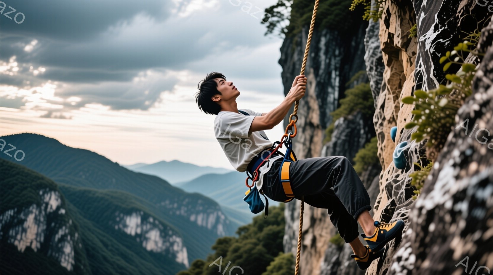 若い男性が険しい岩壁をクライミングしている様子が捉えられています。彼は白いTシャツと濃いグレーのズボンを着用し、クライミングシューズを履いており、黒髪を短く整えています。背景には緑豊かな山々が広がり、曇り空が広がっていますが、全体的に冒険心と力強さを感じさせる雰囲気です。