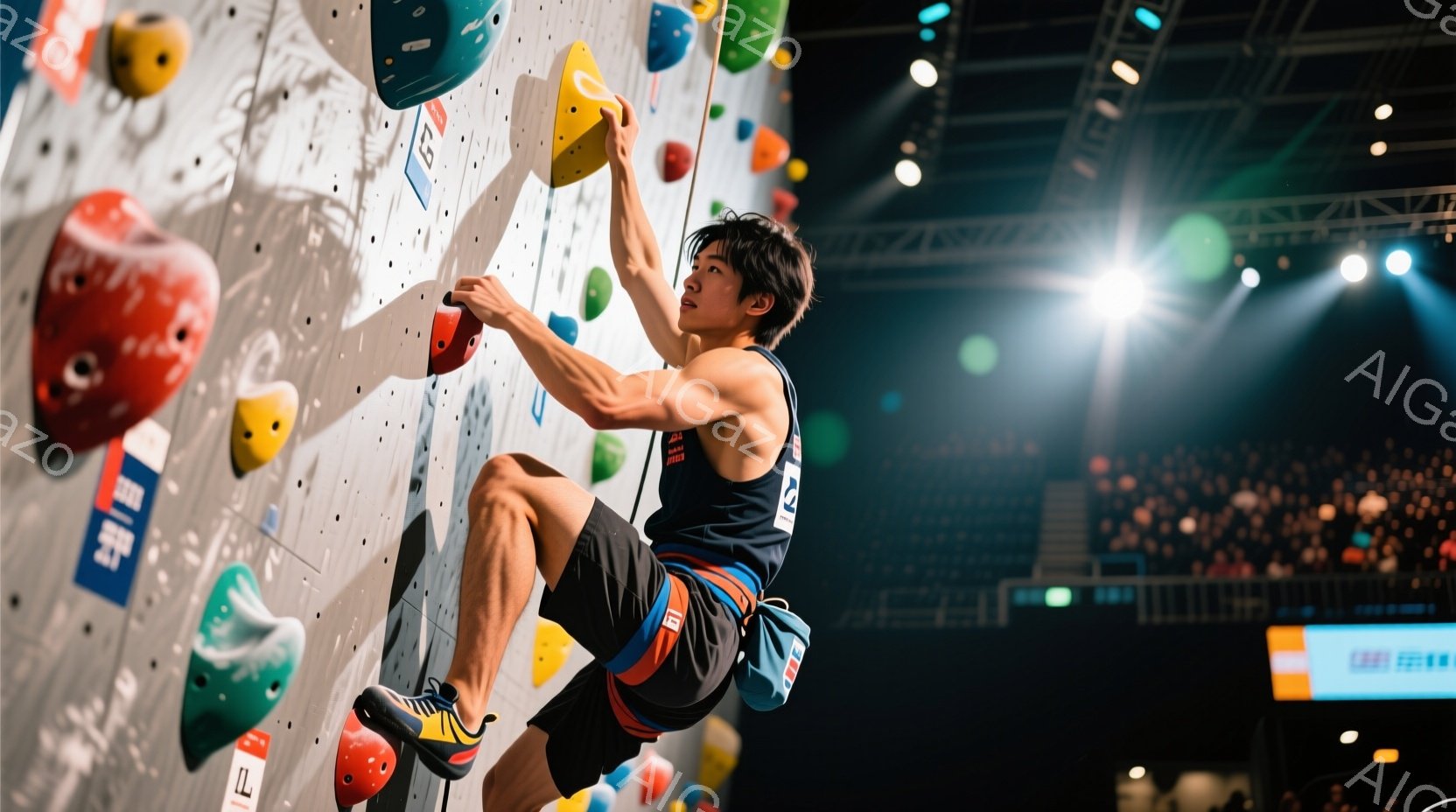 若い男性クライマーが、カラフルなホールドが付いたクライミングウォールを登っている姿が捉えられています。彼は黒いタンクトップと黒いクライミングパンツを着用し、髪は短く整えられています。背景には観客席が見 - AI生成フリー素材
