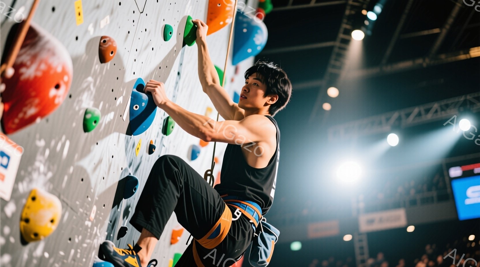 若い男性がクライミングウォールを登っている写真です。黒いタンクトップと濃いグレーのクライミングパンツを着用し、オレンジ色のハーネスを締めています。彼は片足を高く上げ、壁のカラフルなホールドに手を伸ばし - AI生成フリー素材