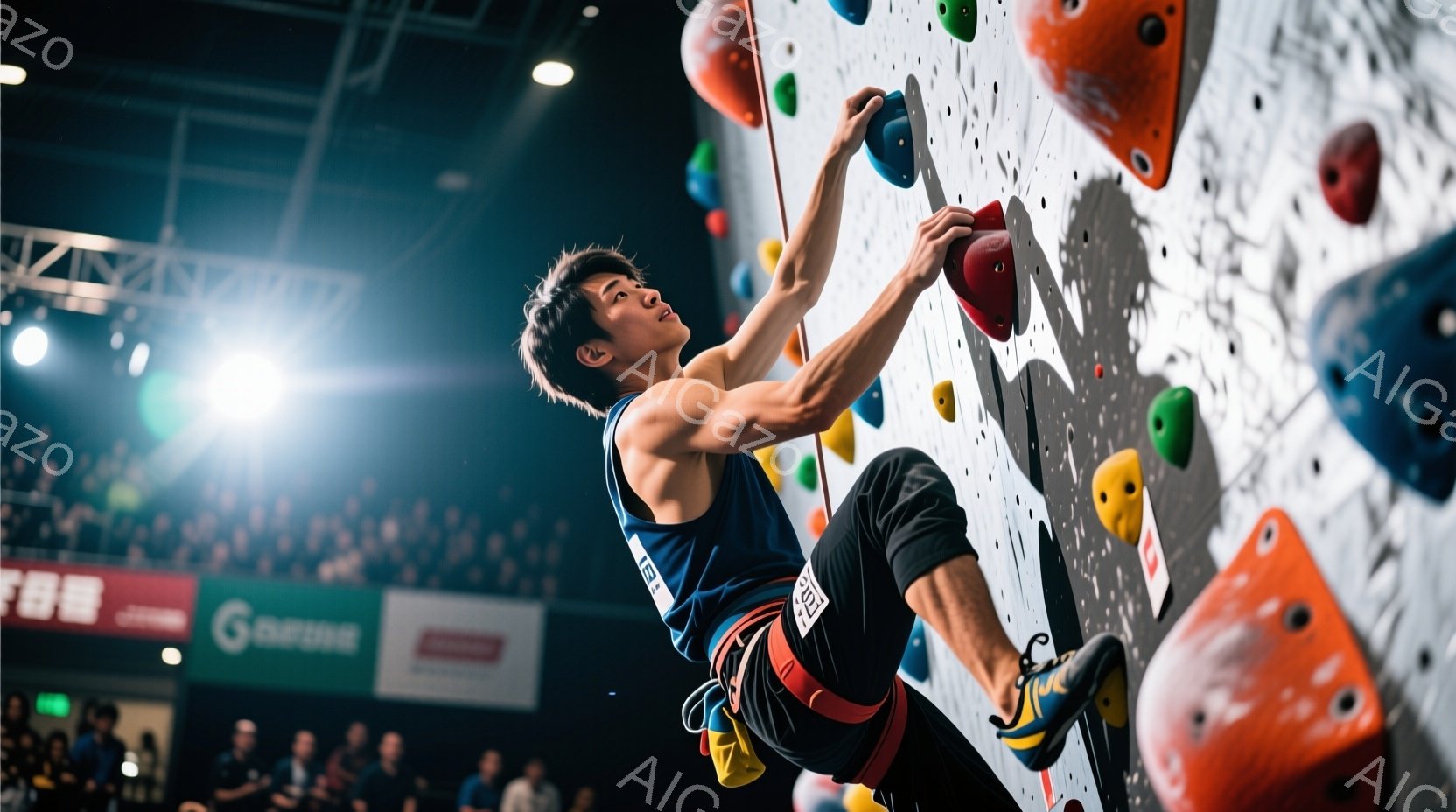 男性のクライマーがクライミングウォールを登っている様子が写っています。彼は青いタンクトップと黒いショーツを着用し、左手でオレンジ色のホールド、右手で白いホールドに掴まり、集中した表情で体を伸ばしています。背景には観客席が見え、競技会場の熱気を感じさせる、ダイナミックな瞬間が捉えられています。