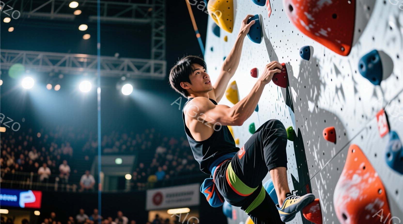 競技者はクライミングウォールを登っており、集中した表情でホールドに手を伸ばしている。黒いタンクトップと、赤と青の柄が入ったクライミングパンツを着用し、引き締まった体格をしている。背景には観客席が見え、競技会場の活気ある雰囲気が伝わる。