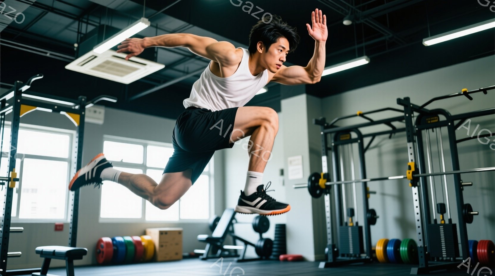 険しい山の岩の上に、ヘルメットを被った若い男性が座っている。彼はベージュ色のズボンと白いTシャツを着ており、ターコイズブルーのバックパックを背負っている。背景には、霧に覆われた緑豊かな山々が連なり、晴 - AI生成フリー素材