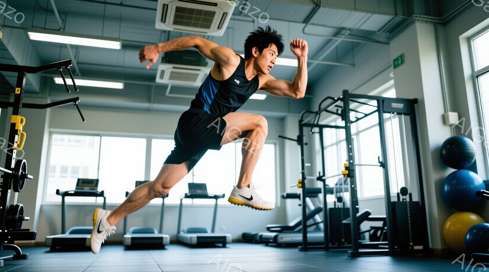 ジムでジャンプしている男性が写っています。彼は黒のタンクトップとショーツを着用し、足元はスニーカーです。背景にはトレッドミルやウェイトトレーニングマシンが並び、明るい室内で運動に集中している様子が伝わ - AI生成フリー素材