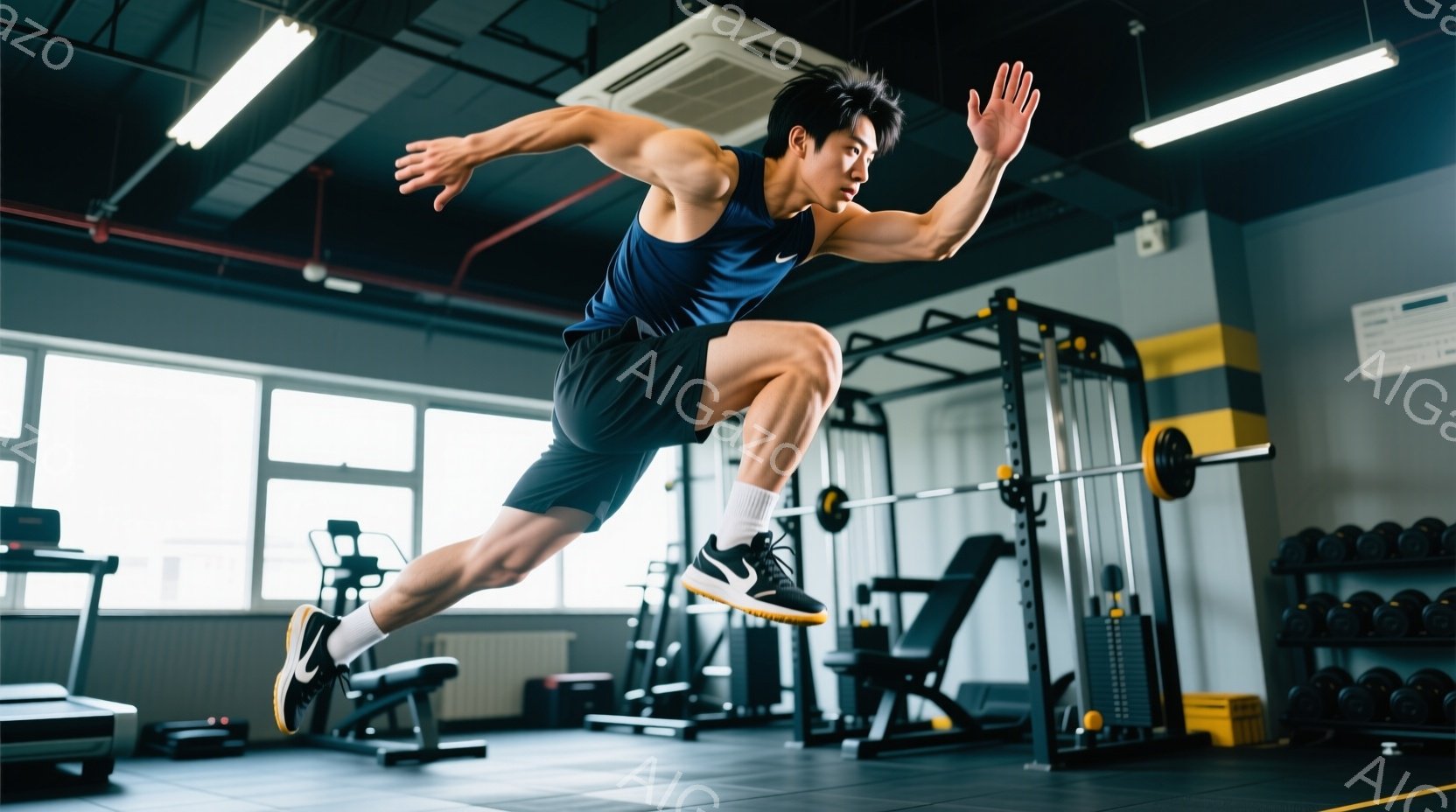 筋骨隆々の男性が、トレーニングジムでジャンプしている瞬間を捉えた写真です。彼は黒いタンクトップと黒いショーツ、そして白と黒のスニーカーを着用しており、筋肉質な体を誇示しています。ジム内には、ウェイトベ - AI生成フリー素材