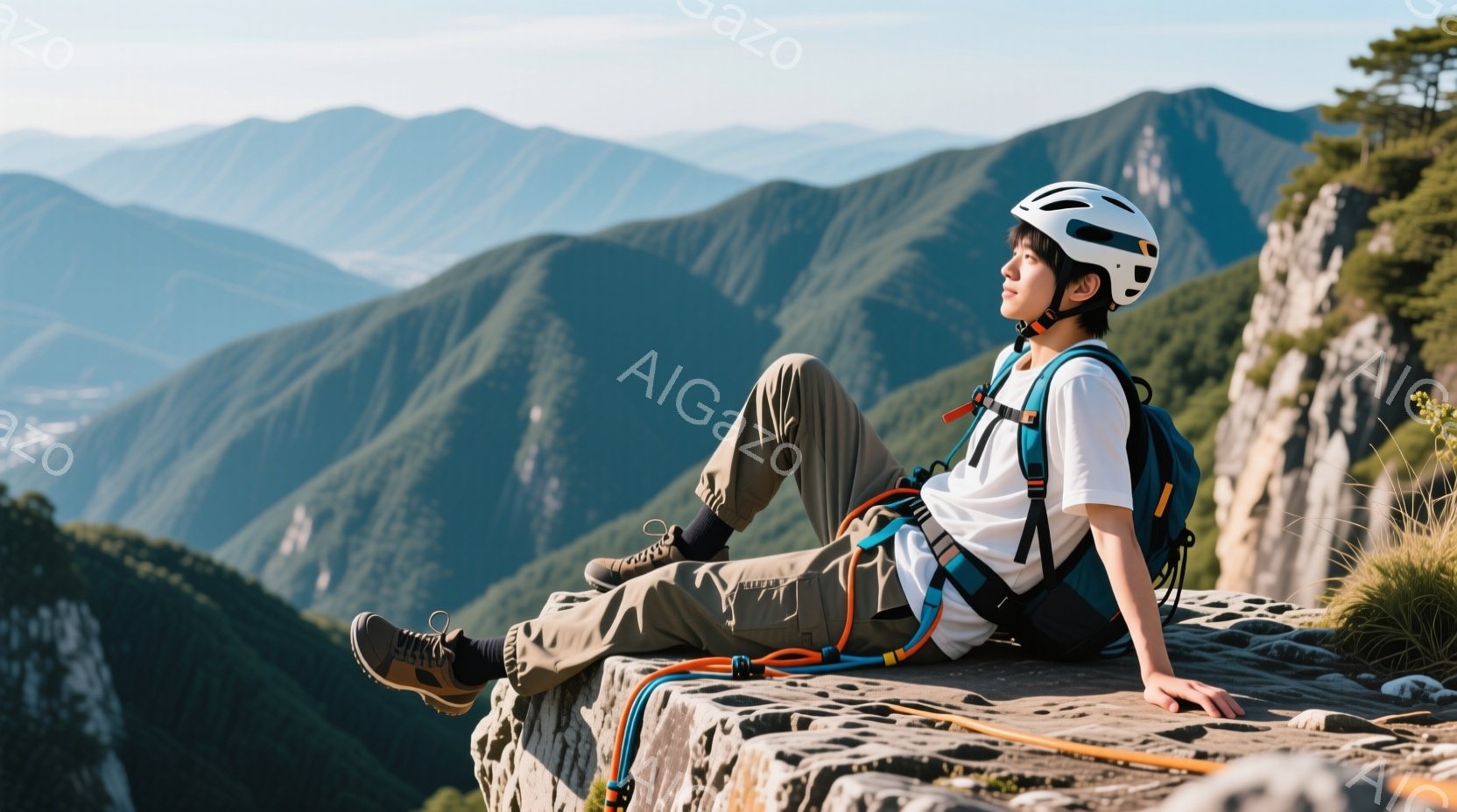 険しい岩場に座る若い男性は、クライミング用のハーネスを装着し、ヘルメットをかぶっている。彼はベージュ色のズボンと青いシャツを着ており、足元には登山靴を履いている。背景には、緑豊かな山々が連なり、晴天の - AI生成フリー素材