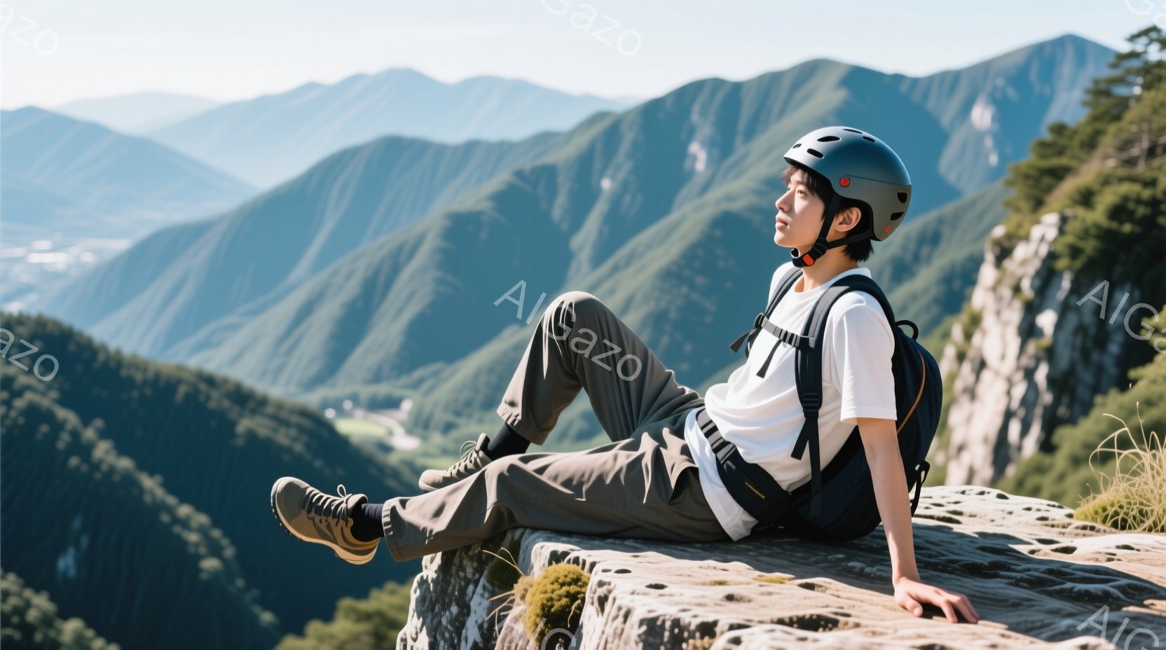 若い男性が岩場に腰掛けて座り、遠くの山々を見渡している。彼は白いTシャツ、カーキ色のズボン、ハイキングシューズを着用し、黒いヘルメットを被っている。背景には緑豊かな山々が連なり、晴天の下、静かで平和な - AI生成フリー素材