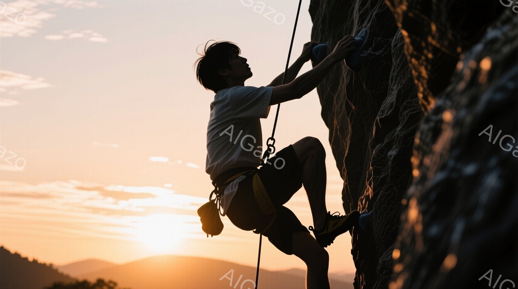 険しい岩肌を、クライミングウェア姿の男性が懸命に登っている様子が捉えられている。彼は黒髪で、集中した表情ははっきりとは見えないが、全身から力強さが感じられる。夕焼けのオレンジ色が岩肌を照らし、力強いシ - AI生成フリー素材
