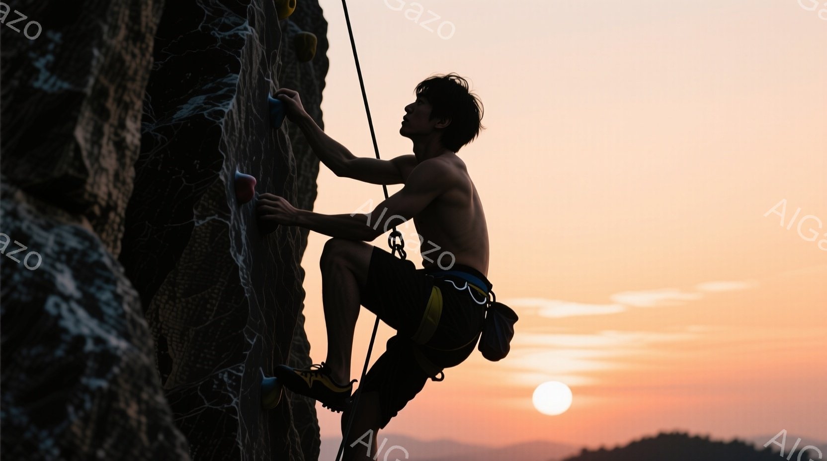 険しい岩肌を、上半身裸の男性がクライミングをしている様子が捉えられている。彼は黒いクライミングシューズと短パンを着用し、強い意志を込めた表情で、懸命に岩壁を登っている。背景は夕焼けに染まり、遠くには山並みが望め、力強い自然と挑戦的な雰囲気が漂っている。