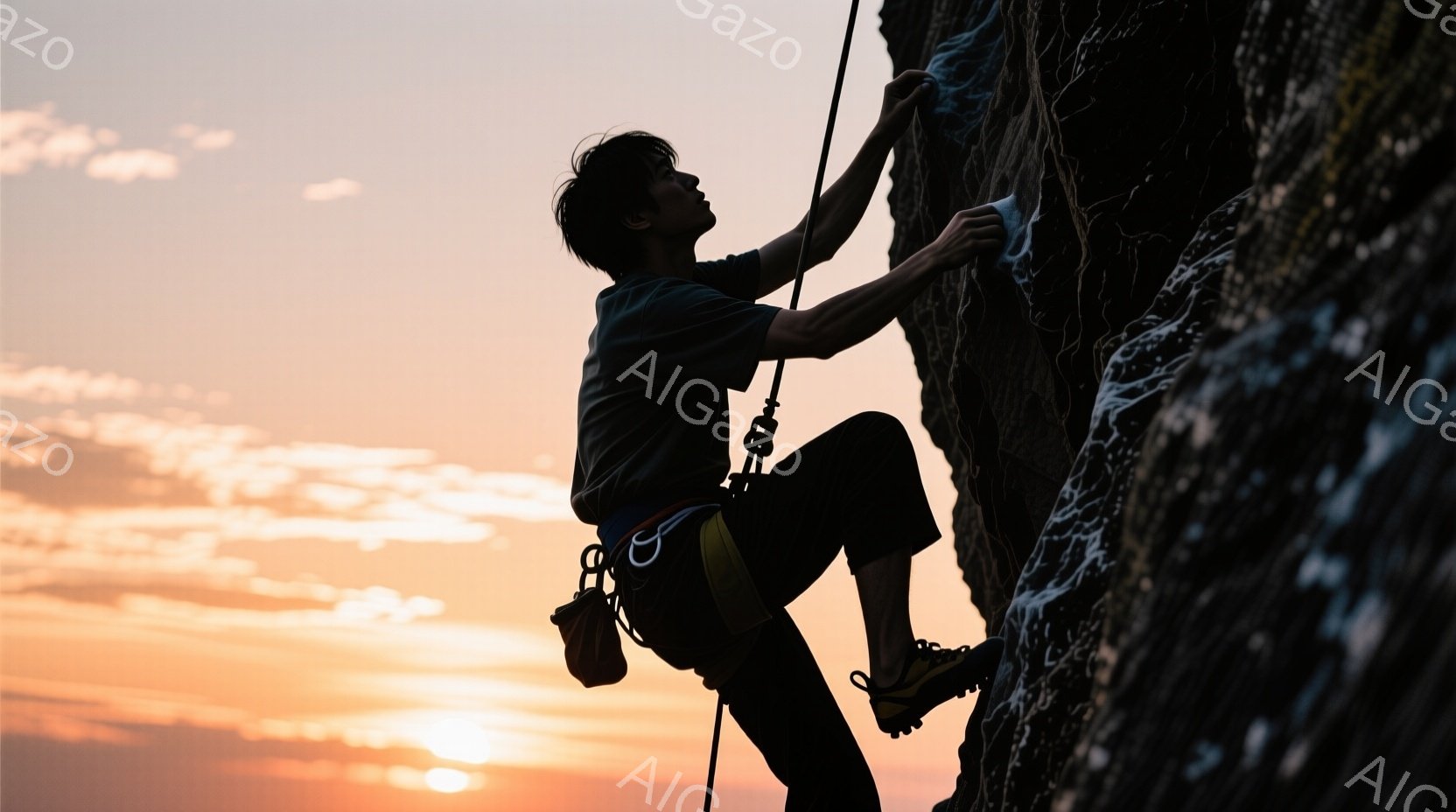 暗い岩肌をクライミング中の男性が写っている。彼は黒髪で、クライミングウェアとクライミングシューズを着用し、困難な姿勢で岩にしがみついている。背景は夕焼けでオレンジ色と薄いピンク色が空を染め、力強い挑戦と静寂な自然の雰囲気が漂っている。