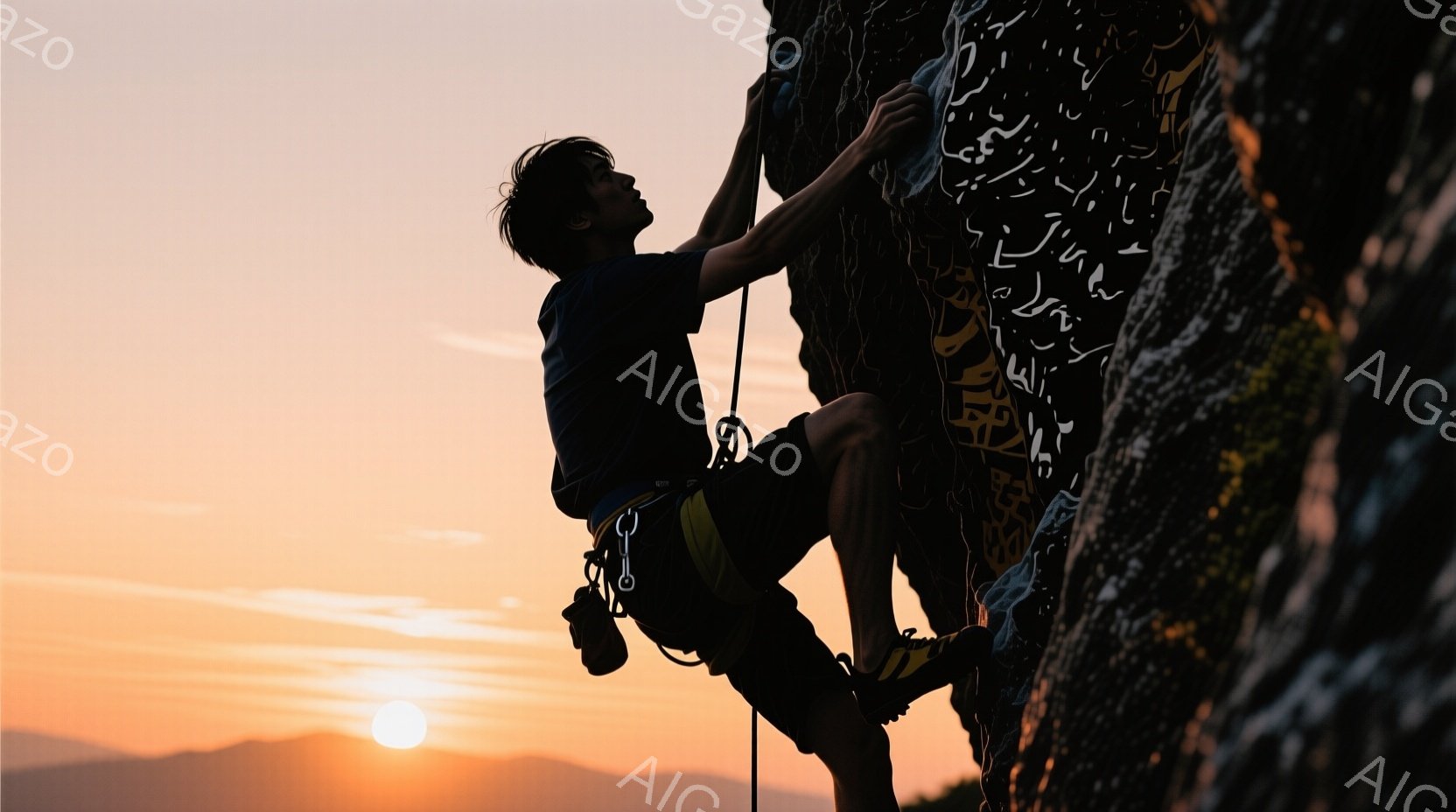 岩壁を登る男性のシルエットが捉えられています。彼は黒い半袖シャツと黄色のショートパンツを着用し、登山靴を履いています。夕焼けのオレンジ色の空が背景に広がり、山々がぼんやりと見え、ドラマチックな雰囲気を - AI生成フリー素材