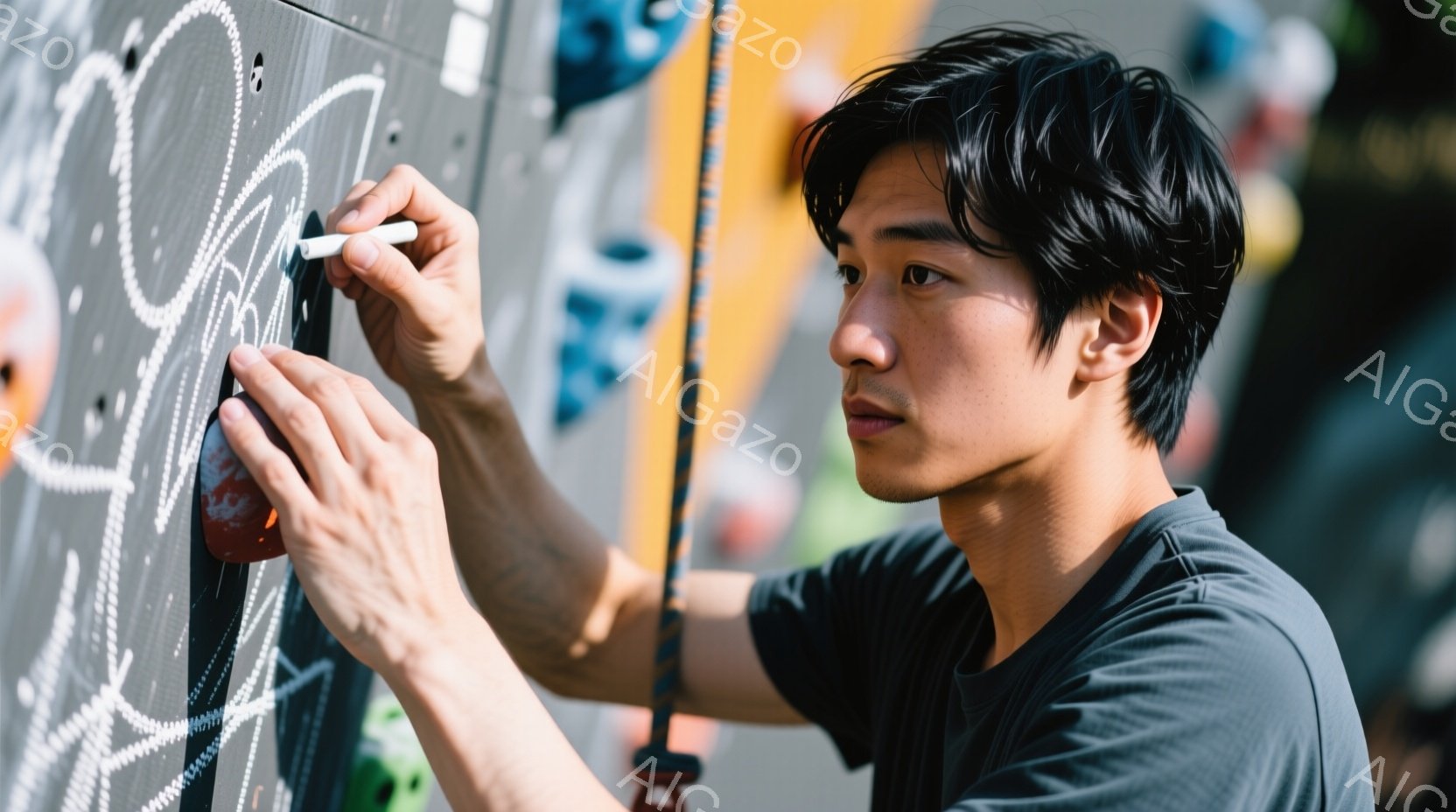 若い男性がクライミングウォールにチョークを塗っています。彼は灰色のTシャツを着ており、短く整えられた黒髪です。集中した表情で、体を壁に近づけながらチョークバッグからチョークを手に取り、ホールドに丁寧に塗っています。