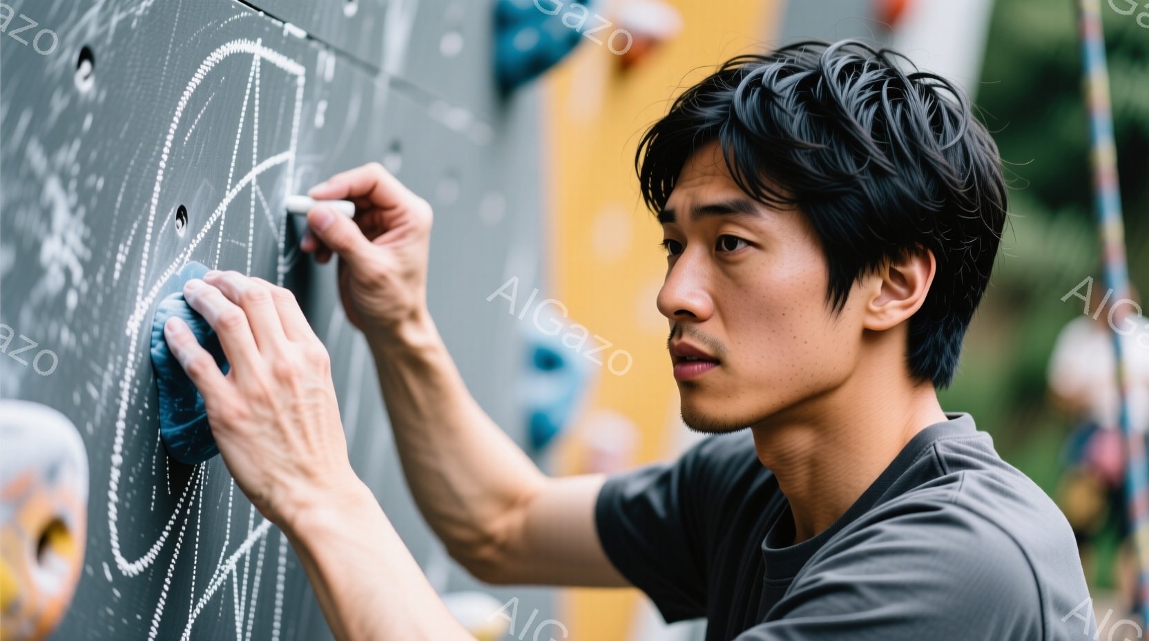 短い黒髪で、グレーのTシャツを着た男性が、クライミングウォールにチョークで何かを描いている様子が写っている。集中した表情で、片手でホールドを握り、もう片手でチョークを握り、白い線で円を描いている。背景はクライミングウォールで、黄色や青などのカラフルなホールドが見え、室内であることがわかる。