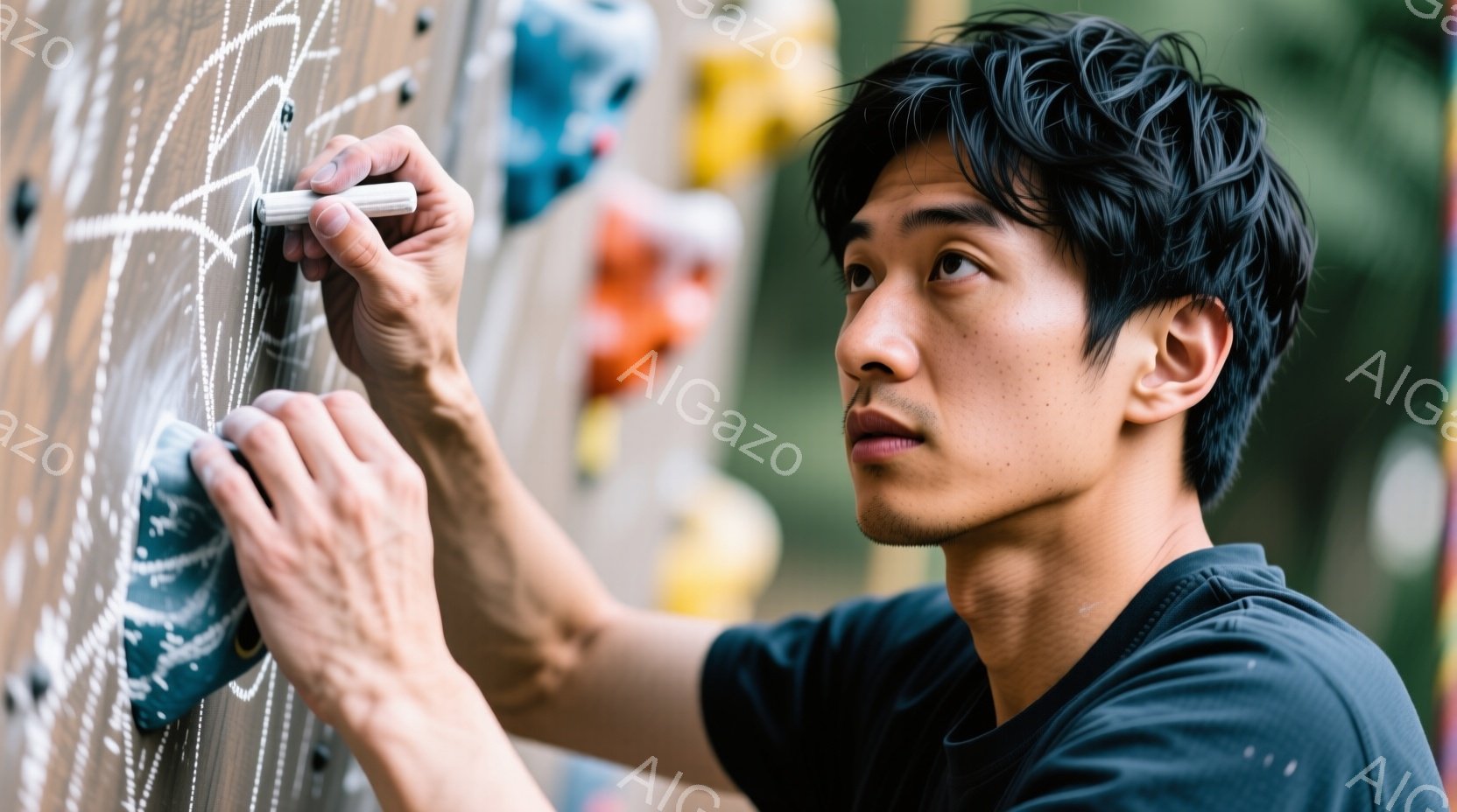 若い男性がクライミングウォールにチョークでルートを描いている様子が写っている。彼は黒いTシャツを着ており、髪は短く、少し無造作にセットされている。集中した表情で上を見つめ、片手はホールドに、もう片手はチョークを持っている。