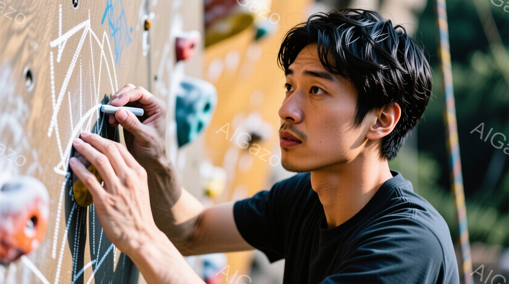 若い男性がクライミングウォールにチョークでラインを描いている様子が写っている。彼は黒いTシャツを着ており、短く刈り込んだ髪型で、少し眉間にしわを寄せ、集中した表情をしている。背景はクライミングウォール - AI生成フリー素材