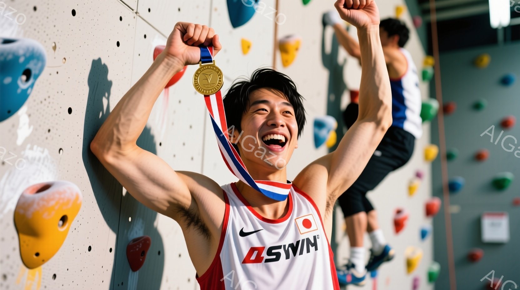 若い男性アスリートがクライミングウォールを背景に、両手を高く上げて勝利を喜んでいます。彼は赤いタンクトップに黒のショーツを着用し、首には金メダルをかけています。彼の表情は喜びにあふれ、笑顔が印象的で、背景には様々な色のクライミングホールドが並んでいます。