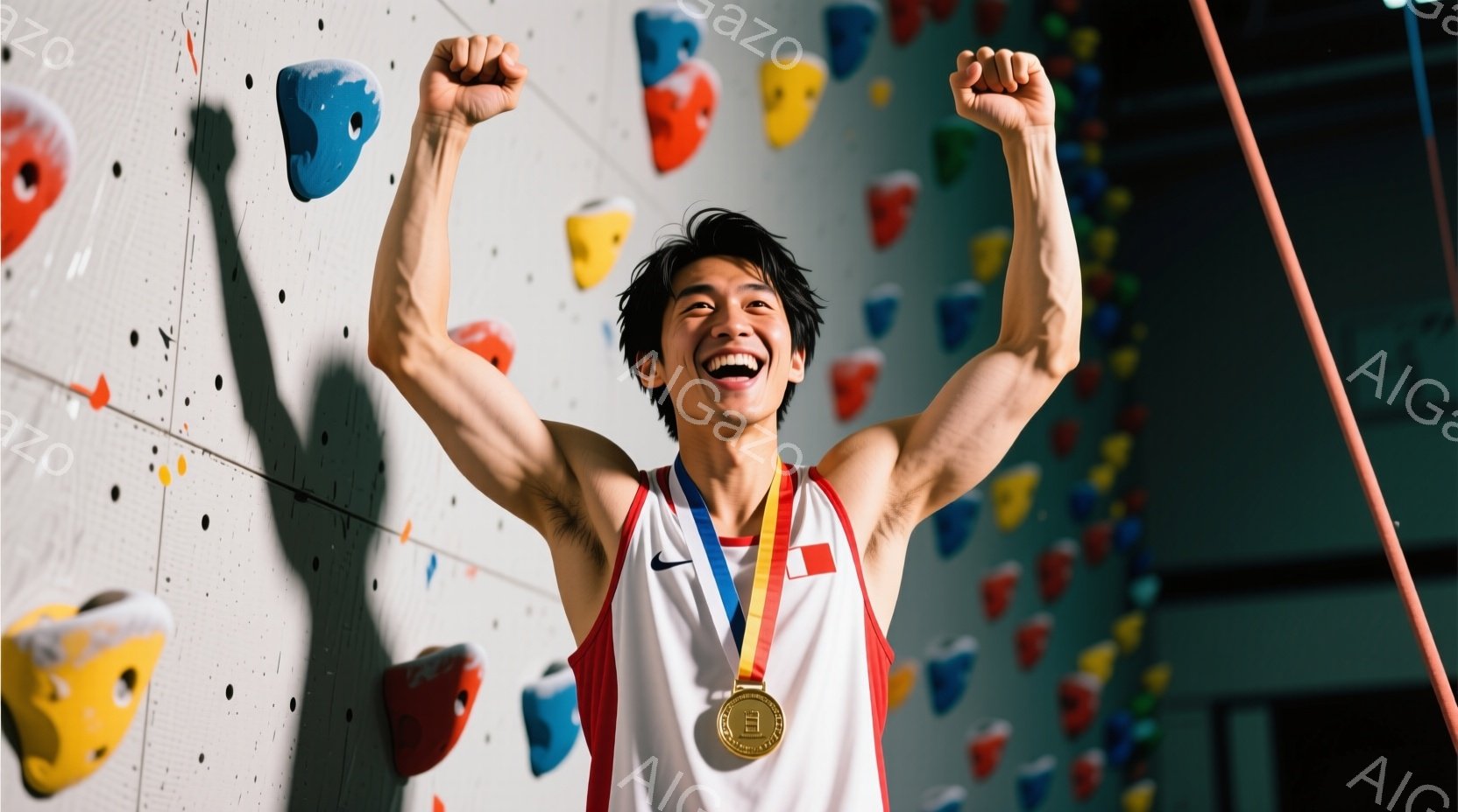 この男性はクライミングウォールを背景に、両手を高く上げて勝利を喜んでいる様子が写っている。赤と白のストライプのシャツを着ており、首には金メダルが輝いている。彼の笑顔と力強い姿勢は、達成感と喜びを強く表現している。