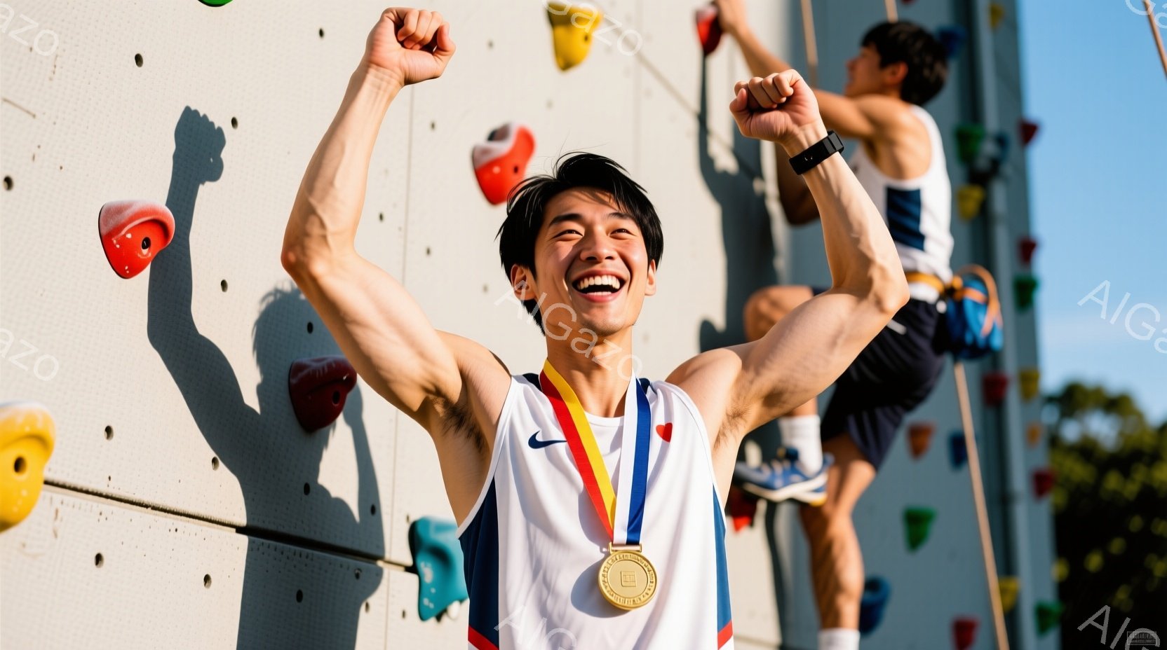 若い男性がクライミングウォールを背景に、両腕を高く上げて歓喜している様子が写っている。彼は白いタンクトップと黒いショーツを着用し、首には金メダルをかけている。背景にはカラフルなクライミングホールドと、ぼやけた自然や建物が見え、晴天の下、勝利の喜びを感じさせる活気に満ちた雰囲気である。