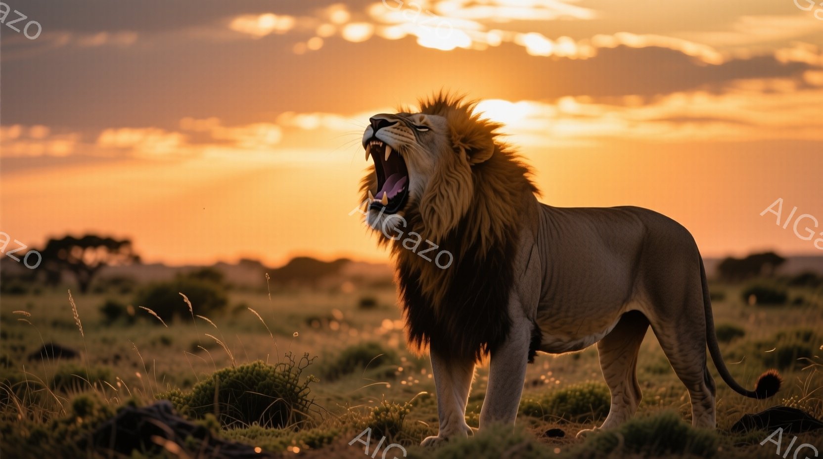 広大なサバンナに、たてがみが豊かに生えたオスのライオンが立っている。口を開けて咆哮しており、力強く威厳のある表情をしている。背景には夕焼けが広がり、草木がシルエットとなって、力強い大自然の雰囲気を醸し出している。