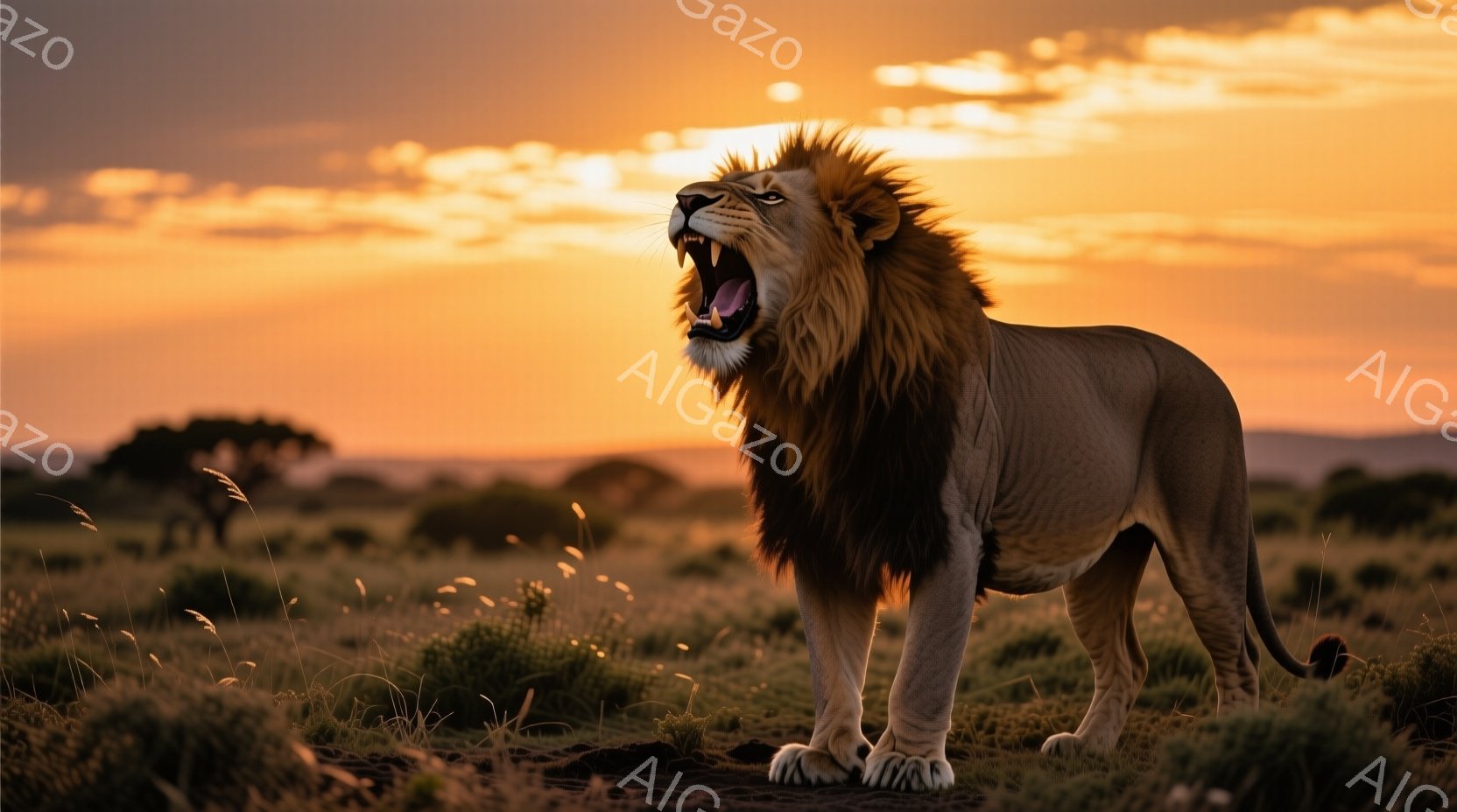 砂漠のような乾燥した平原を歩くアフリカゾウの群れが写っている。夕焼けのオレンジ色の光が、埃っぽい地面とゾウのシルエットを照らし、力強く、雄大な雰囲気を醸し出している。ゾウたちは一列に並び、前進しており、その歩調は静かで、決然とした印象を与える。