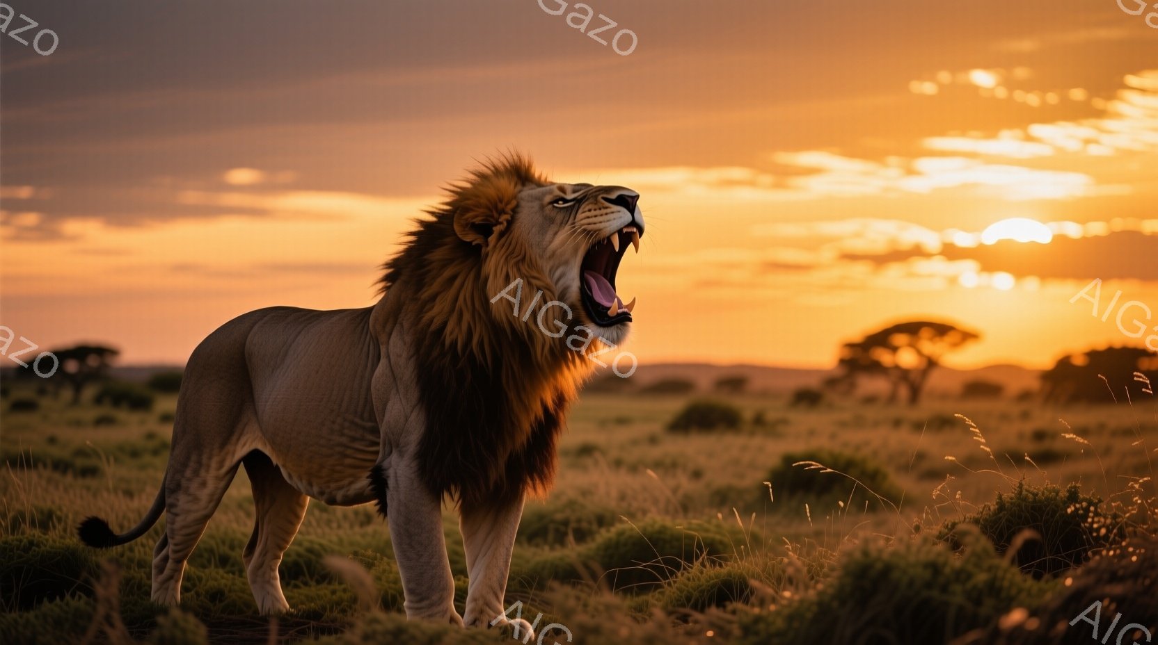 広大なサバンナで、雄大なライオンが大きく口を開け、咆哮しています。夕焼け空はオレンジ色と赤色のグラデーションで、背後の疎林と相まって、力強くドラマチックな雰囲気を醸し出しています。ライオンの毛並みは夕 - AI生成フリー素材