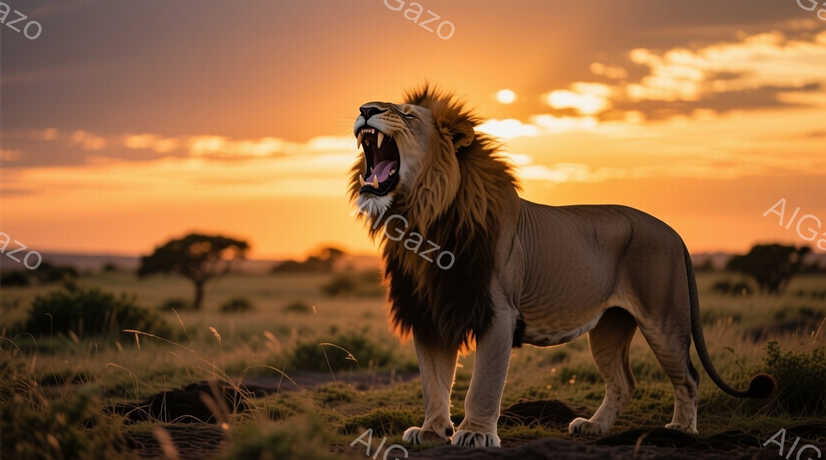 広大なサバンナの中に、堂々とした雄ライオンが描かれている。口を開けて咆哮し、力強い存在感を放ち、その毛並みは夕焼けのオレンジ色に照らされている。背景にはまばらな木々と、夕焼けに染まる空が広がり、力強く、そして美しい雰囲気を醸し出している。
