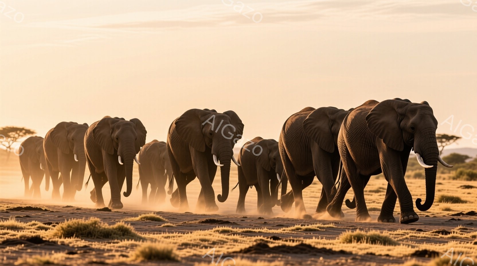 広大なサバンナをアフリカゾウの群れが歩いている様子が捉えられています。夕焼けのオレンジ色の光が埃っぽい大地を照らし、ゾウたちのシルエットを強調しています。ゾウたちは一列に並び、力強く前進しており、乾いた草が生い茂る平原が背景に広がっています。
