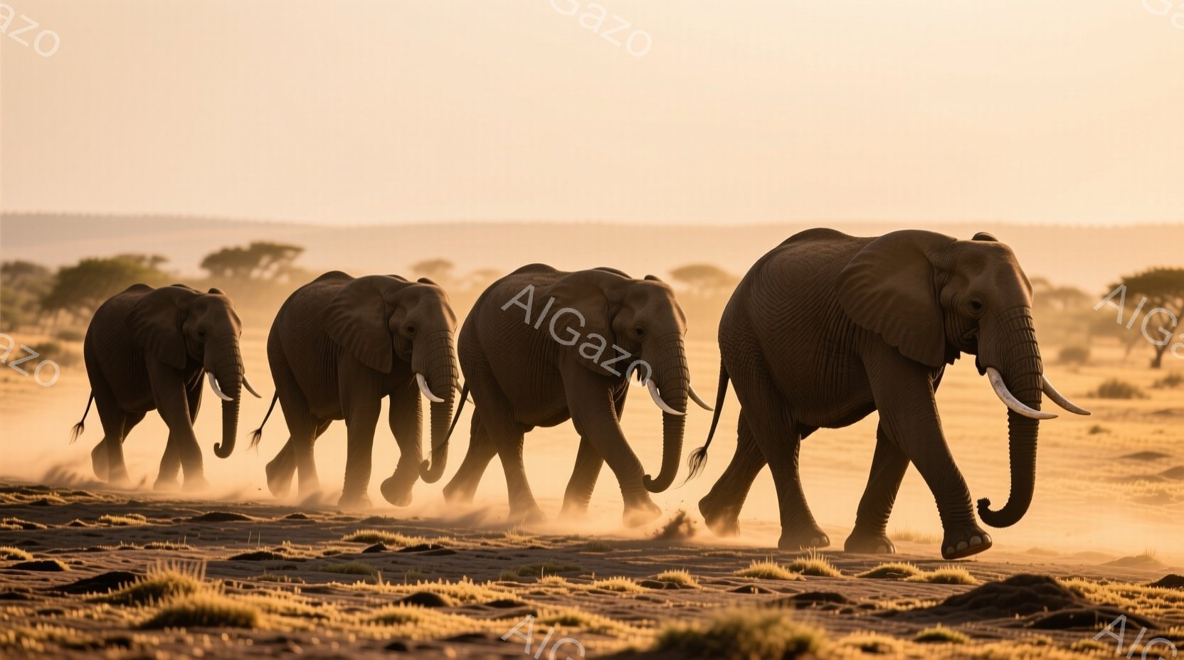 広大なサバンナを、大きなアフリカゾウの群れが歩いている様子が写っている。夕焼けのような暖かな光が、砂埃を舞い上げながらゾウたちを照らし、力強く前進する姿を強調している。背景にはまばらな木々が見え、乾燥した自然の風景が広がっている。