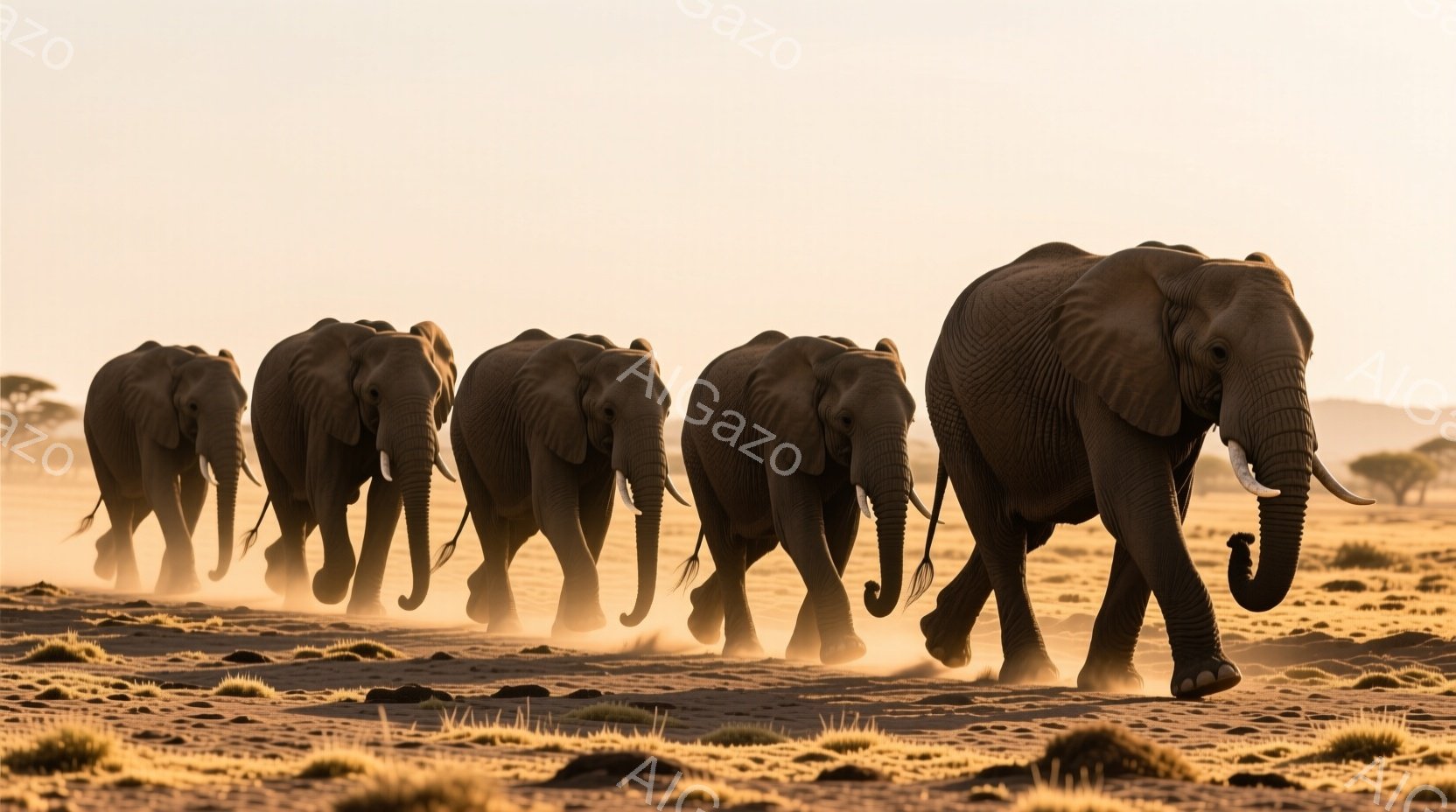 砂漠のような乾燥した平原を、5頭のゾウが隊列をなして歩いている様子が捉えられています。夕暮れ時の太陽光が彼らを照らし、埃っぽい地面と空には暖かく黄金色の光が広がっています。ゾウたちは力強く前進し、その - AI生成フリー素材