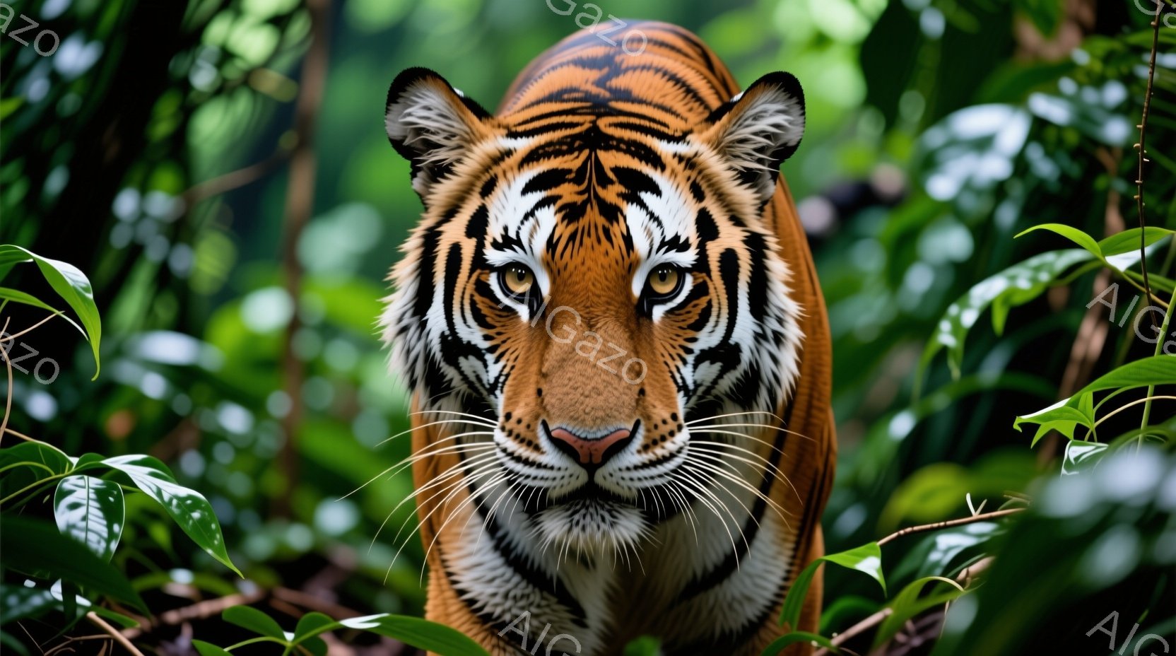 鮮やかな緑の葉に囲まれたトラが、鋭い眼差しでこちらを見つめている。毛並みはオレンジと黒のストライプで覆われ、力強い顎と白いヒゲが特徴的だ。背景は深い緑のジャングルで、植物が生い茂り、野生の雰囲気を醸し - AI生成フリー素材