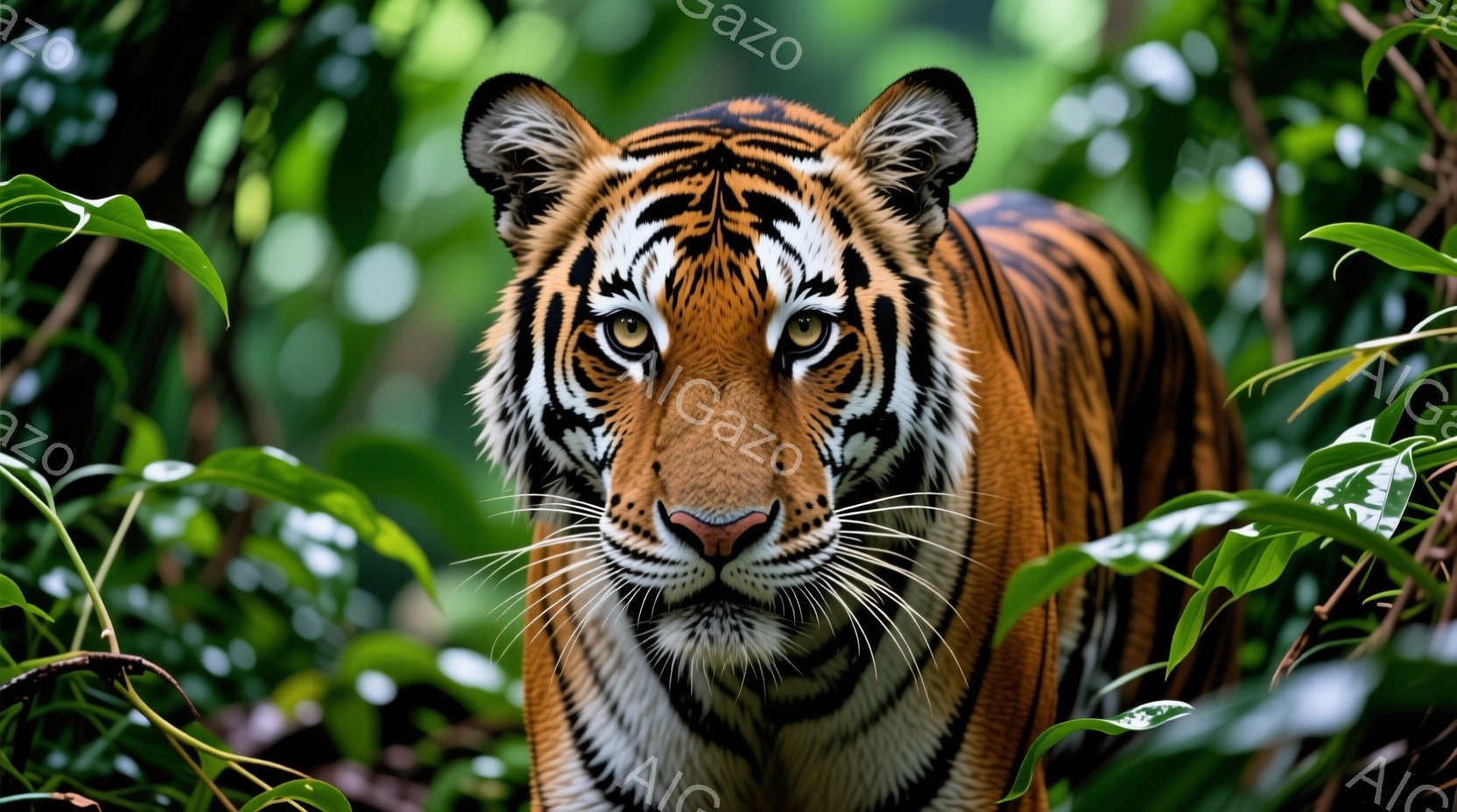 鮮やかなオレンジと黒の縞模様を持つトラが、緑豊かな植物の中に姿を現しています。鋭い眼光でカメラを見つめ、力強い存在感を放っています。背景は熱帯のジャングルを思わせる緑の葉で覆われ、野生の息吹を感じさせ - AI生成フリー素材